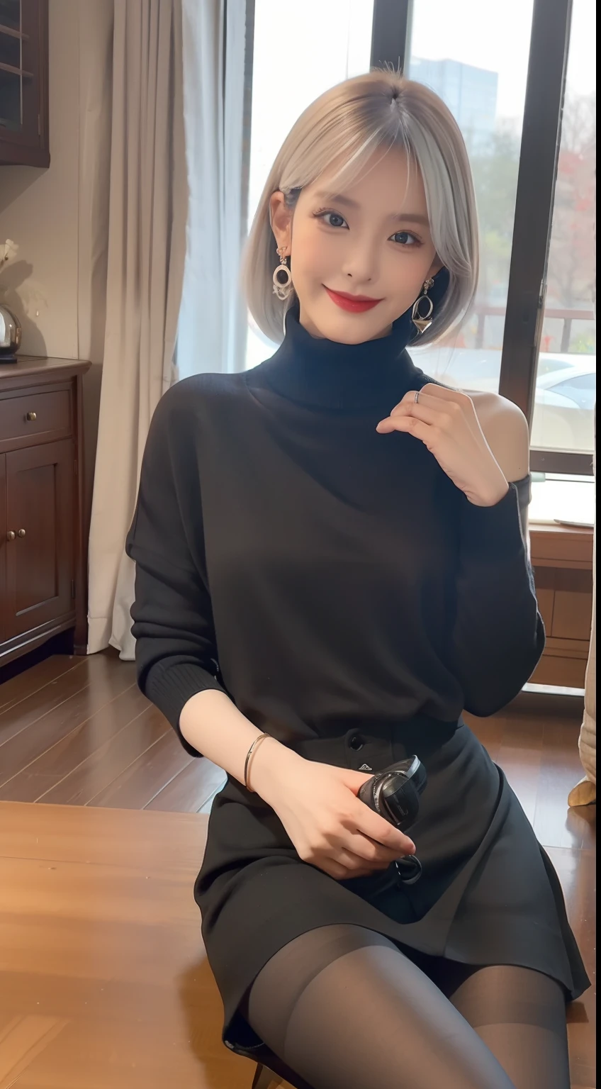 (Royal Sister 1.5),(true to life,Photorealistic 1.5),((best qualtiy, 8K, tmasterpiece:1.3)),SLR camera (二重まぶた,largeeyes:1.3),(smile1.5),(Full body photo 1.5)(One person 1.5)Clear focus 1.2, Perfect body beauty:1.4 , Delicate skin1.1,(Silvery-white hair 1.6),(Fiery red lips 1.4),(Pure desire 1.3)(Black pantyhose 1.5)(The leg length is one meter two,1.5),Black shoulder sweater,pleatedskirt,Slender legs,high-heels,With earrings,Wristband jade bracelet,dining room
