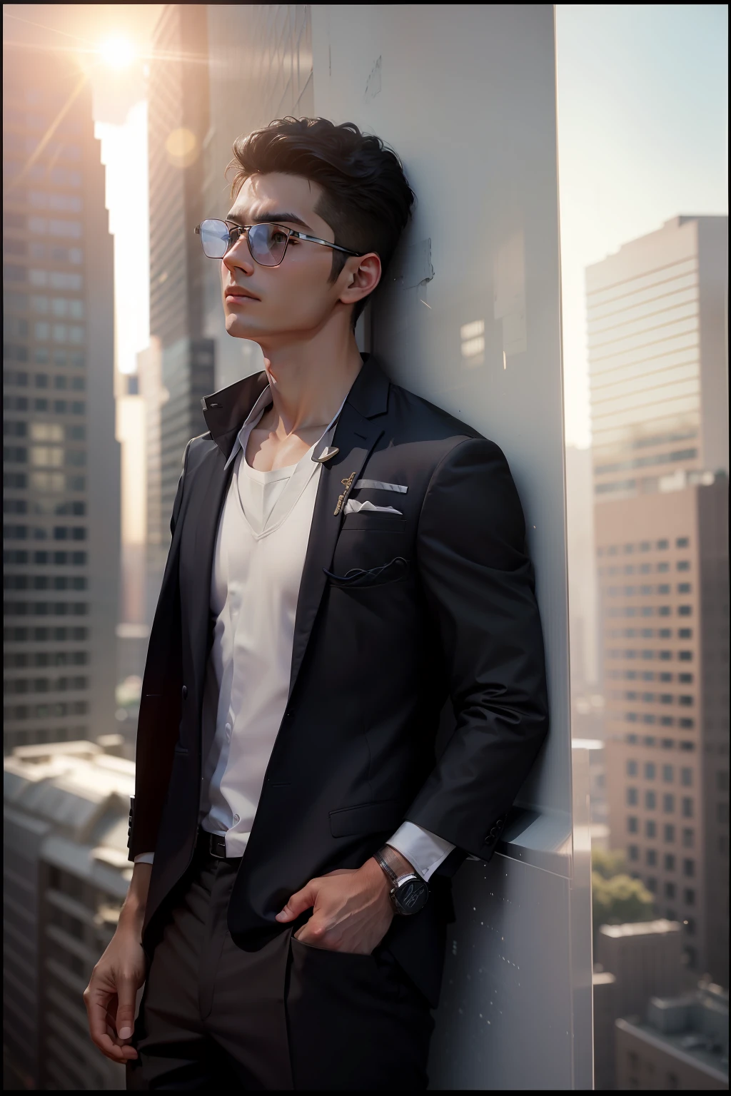 1boy, face focus, adult, business suit, jacket, white shirt, necktie, pants, best quality, hires, detailed face, office, buildings from window, detailed background, diffused sunlight, depth of field, bokeh
