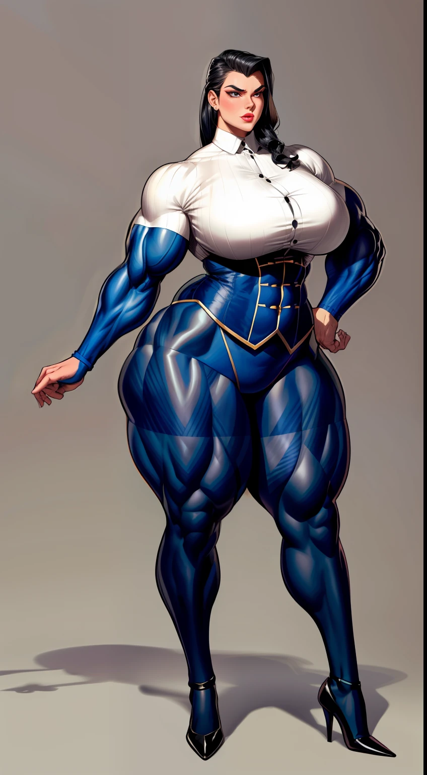 tmasterpiece,Burly woman,Exaggerated large muscles,blackstockings,Formal suits, beautiful attractive face,Full body like, Single female,Very fair skin,Thin waist,Very broad shoulders, Strong and powerful arms,Stout arms,Strong and powerful leg muscles,thick calf,looking to the camera