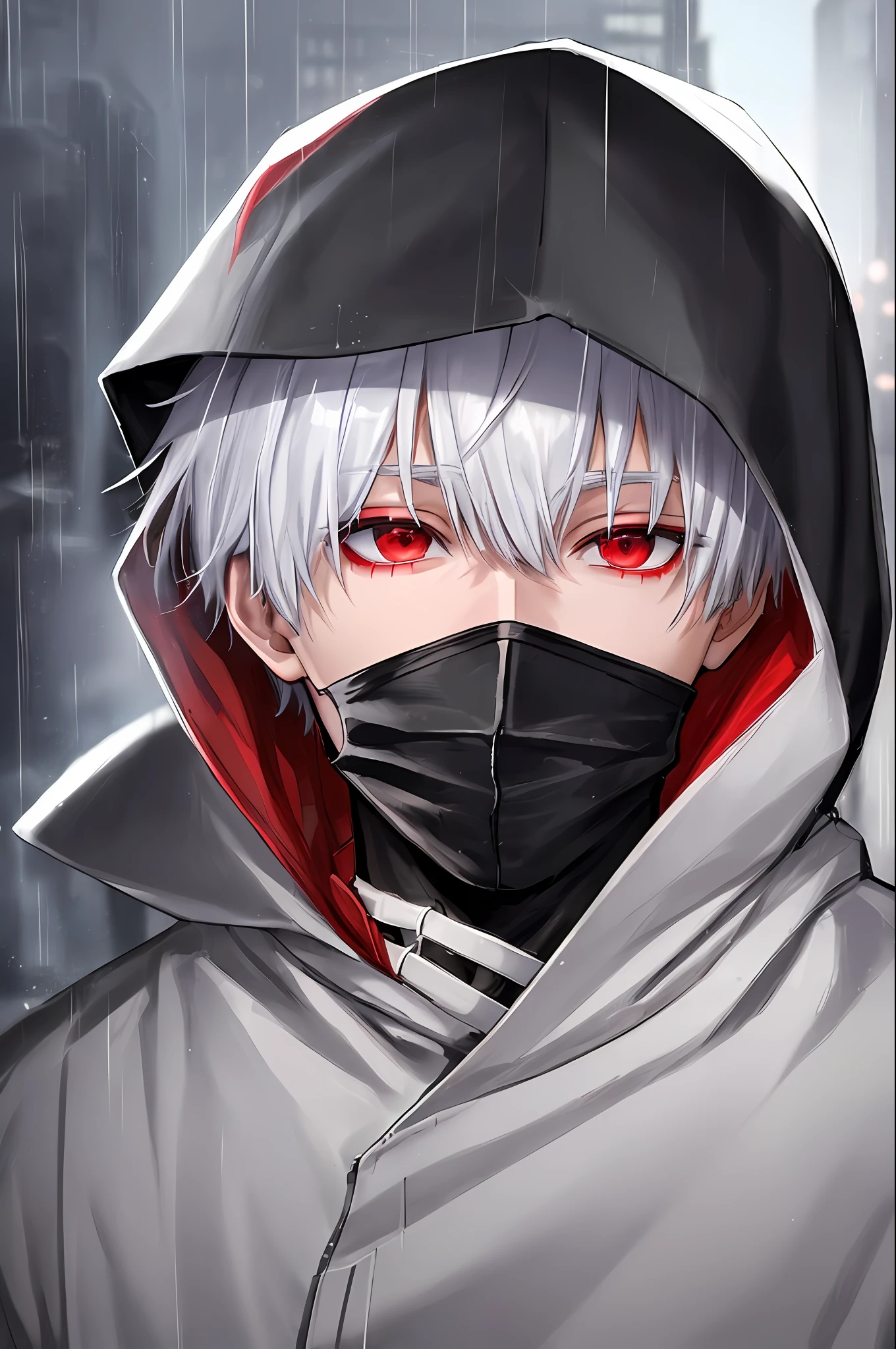 kk, best quality, more details, masterpiece, 1boy, kaneki ken, portrait, male focus, red eyes, solo, bangs, looking at viewer, hood, short hair, rain, tokyo tokyo \(city\),  hood up, nail polish, white hair, luxurious, 8k, detailed, ray tracing, depth of field, cinematic lighting,