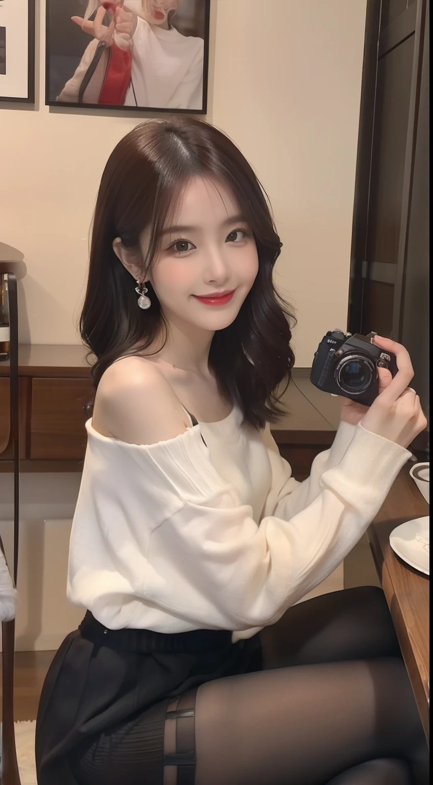 （Royal Sister 1.5），（true to life，Photorealistic 1.5）,((best qualtiy, 8K, tmasterpiece:1.3)),SLR camera (二重まぶた，largeeyes:1.3),（smile1.5），（Full body photo 1.5）（One person 1.5）Clear focus 1.2, Perfect body beauty:1.4 , Delicate skin1.1，（Silvery-white hair 1.6），（Fiery red lips 1.4），（Pure desire 1.3）(Black pantyhose 1.5)（The leg length is one meter two，1.5），Black shoulder sweater，pleatedskirt，Slender legs，high-heels，With earrings，Wristband jade bracelet，dining room