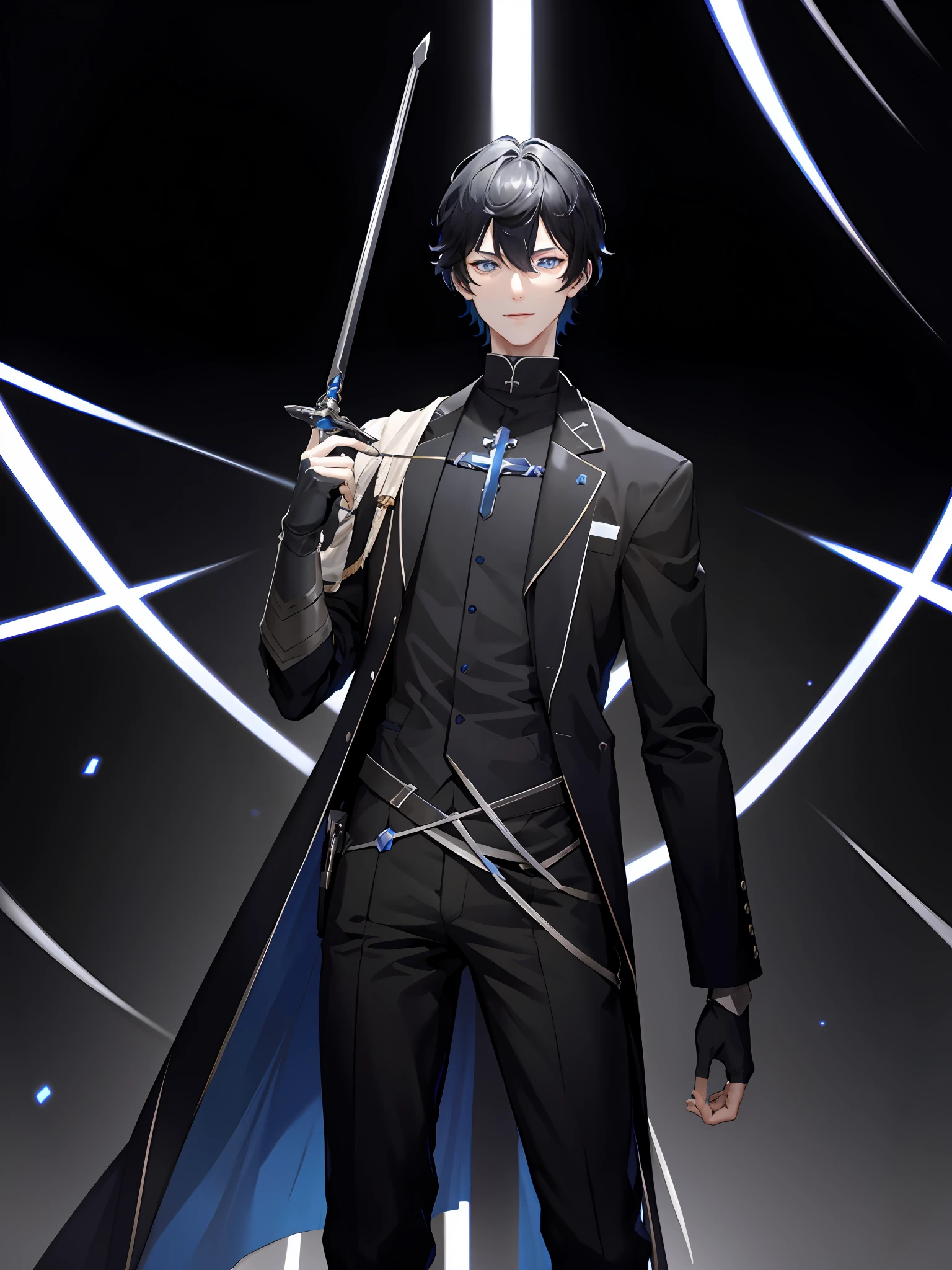 AxiaKrone, blue eyes, black hair, short hair, black nail, pale skin, cat boy, 1boy, solo, smile, standing, dynamic pose, 8k, masterpiece, best quality, absurdres, perfect anatomy, cinematic lighting, cowboy shot, (priest uniform:1.1), sword, suit