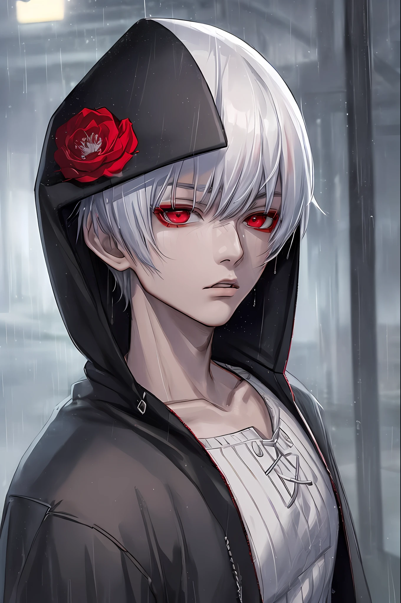 kk, best quality, more details, masterpiece, 1boy, kaneki ken, portrait, male focus, red eyes, solo, bangs, looking at viewer, hood, short hair, rain, tokyo tokyo \(city\),  hood up, nail polish, white hair, luxurious, 8k, detailed, ray tracing, depth of field, cinematic lighting,