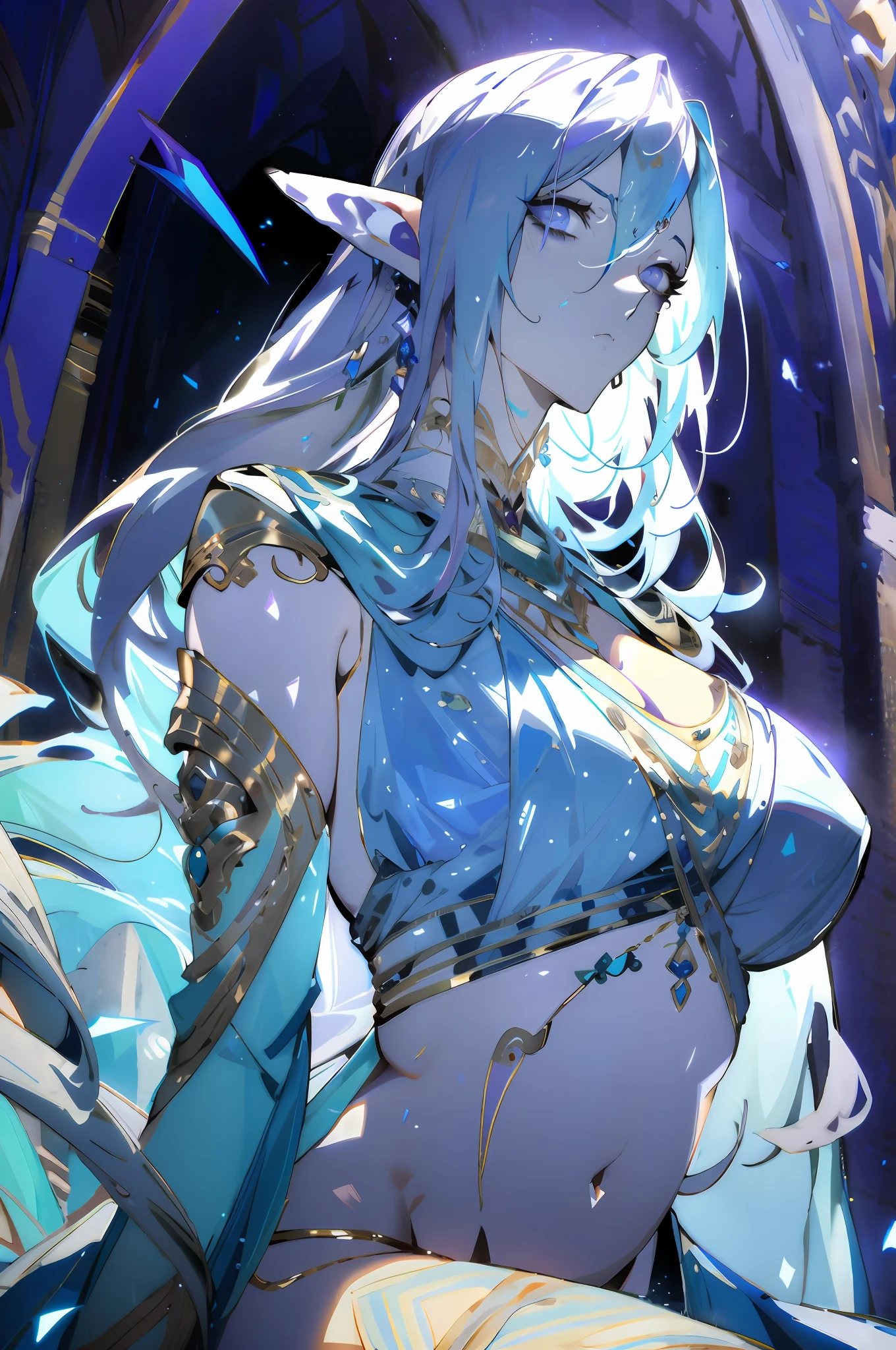 A tall and beautiful elven woman, plump body, big breasts, light blue glowing eyes, cold expression, proud posture, straight chest, lilac skin, purple facial tattoos, silver tied hair, exposed chest, exposed shoulders, exposed belly button, exposed thighs, looked up at the camera, left sweat beads on her body, wet body, in a medieval inn.