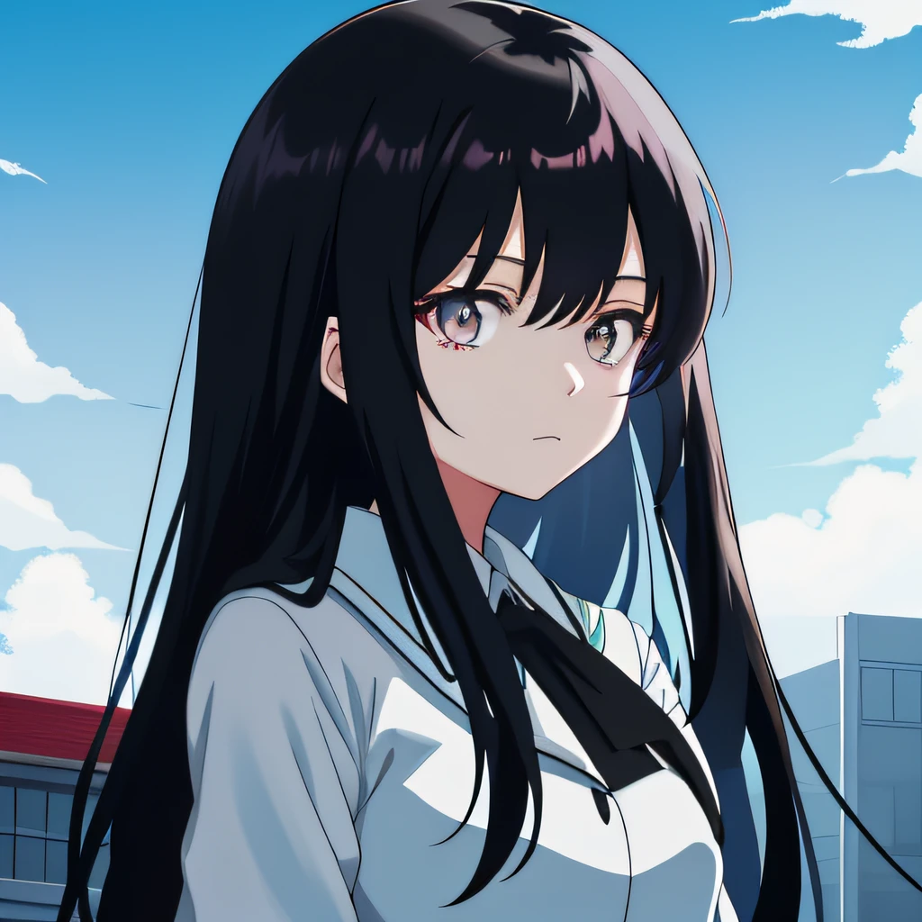 Anime girl with long black hair and white shirt looking away, sui ishida with black hair, hyuga hyuga, ilya kuvshinov with long hair, author:Hosomura Kane, anime girl profile, anime big breast《kingpin》Albedo in , black hime cut hair, She has black hair, flatchest,Chest small anime Portrait of Shiina Ringo, Female anime character background blue sky