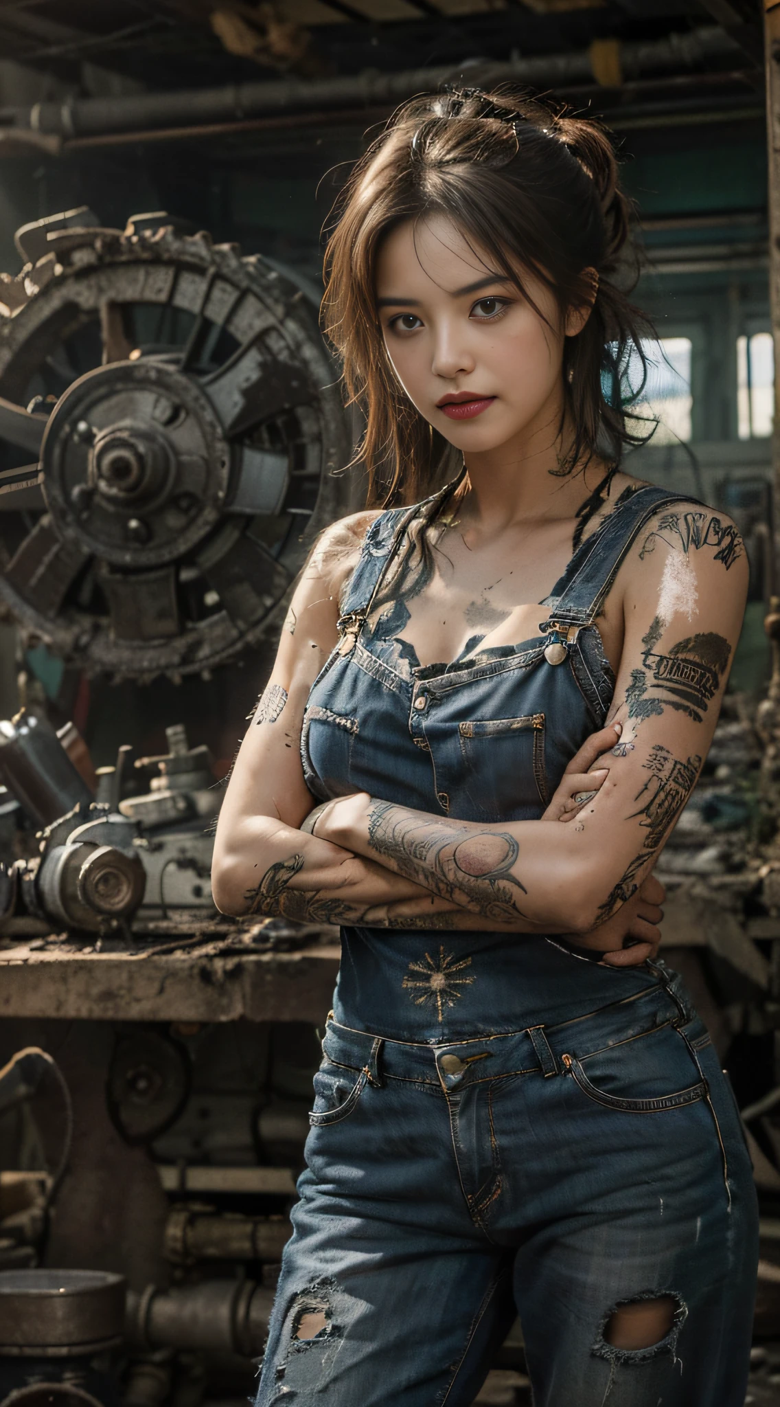 ((best quality)), ((masterpiece)), (detailed), mesmerizing and alluring female mechanic covered in grease,Confident smile,Look into the camera,(Dirty and rugged charm:1.2), (tough and confident demeanor:1.1), (mechanical expertise:1.3), disheveled hair, smudged face with a playful smirk, stained overalls clinging to her curves, (gritty tools of the trade:1.2), cluttered repair shop, scattered car parts, (authentic automotive ambiance:1.2), (intense gaze:1.1), gripping a wrench in her dirty hands, 8k resolution,looking at another, looking away,( tattoo:1.2), masterpiece, best quality,Photorealistic, ultra-high resolution, photographic light