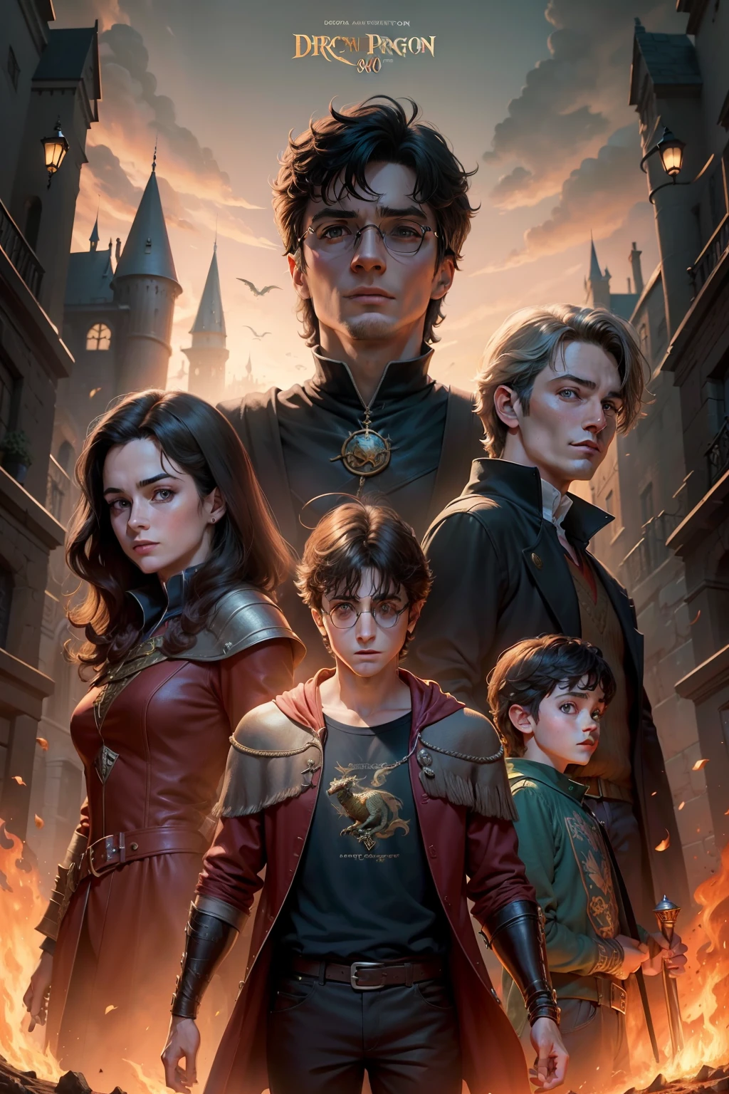 Movie poster Harry Potter and the Dragon Cave Boys of the 80s, todos os personagens, arte epica, detalhada, brilho de magia, arqueiro. bob, sheila, diana, preston mestre dos magos, desenho animado dos anos 80 dangers and dragon,