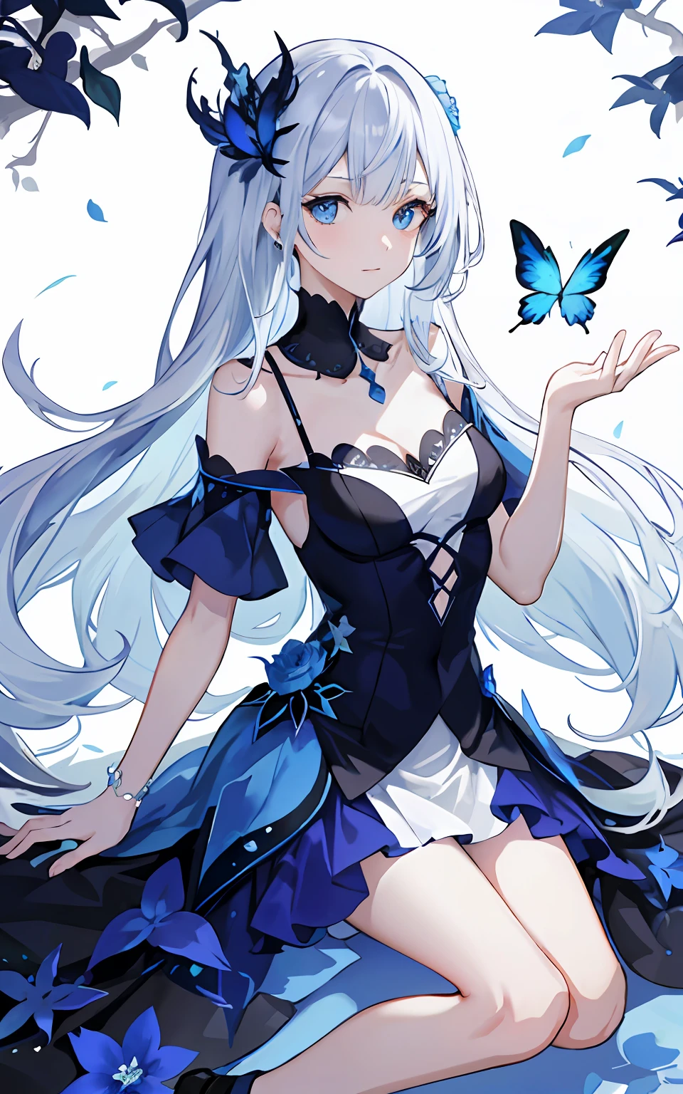 ((tmasterpiece:1.4,best qualtiy))+,(hyper-detailing)+,(Ultra-detailed eyes)+,
(Elegant 1 girl),blue color eyes:1.15),white color hair,Very long hair,(wariza:1.2),paleskin,Keep your mouth shut,grieves,
(She wears a dress made of entangled blue vines:1.5),(flatchest:1.2),(vine dress:1.4),(Dress made of vine:1.2),(Surrounded by vines:1.4),
(be desperate:1.3),gotik,
(Blue vines:1.3),leafs,(Vine tree:1.1),Flying blue butterflies
(Dawn light:1.2),
(Heavy black and white:1.16),(depth of fields:1.4),