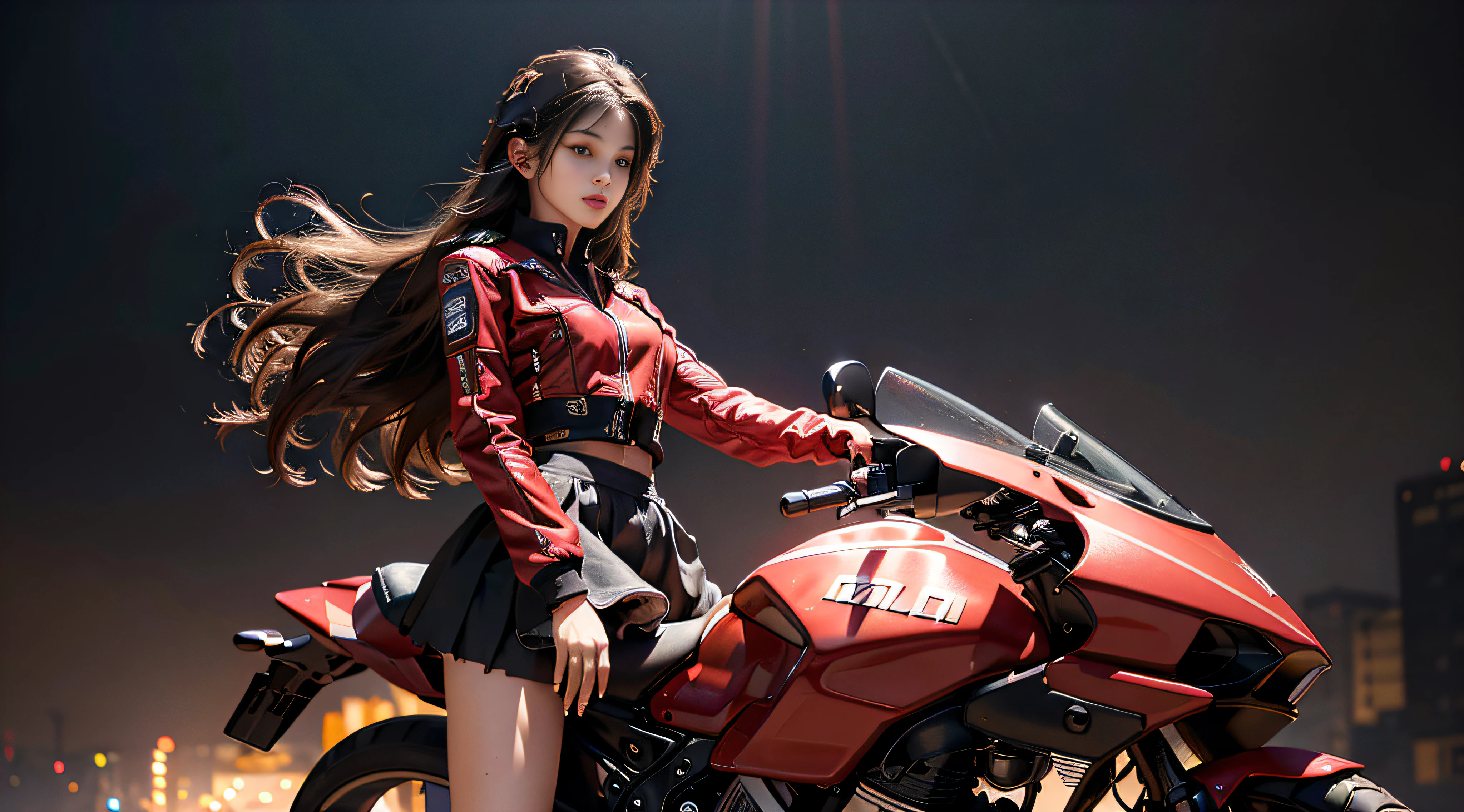 Highest image quality, outstanding details, super high resolution, (fidelity: 1.4), the best illustration, favor details, highly condensed 1girl, with a delicate and beautiful face, dressed in a red-black mech, (torn clothes: 1.5), (skirt), wearing a mecha helmet, holding a directional controller, riding on a motorcycle, the background is a high-tech lighting scene of the future city.