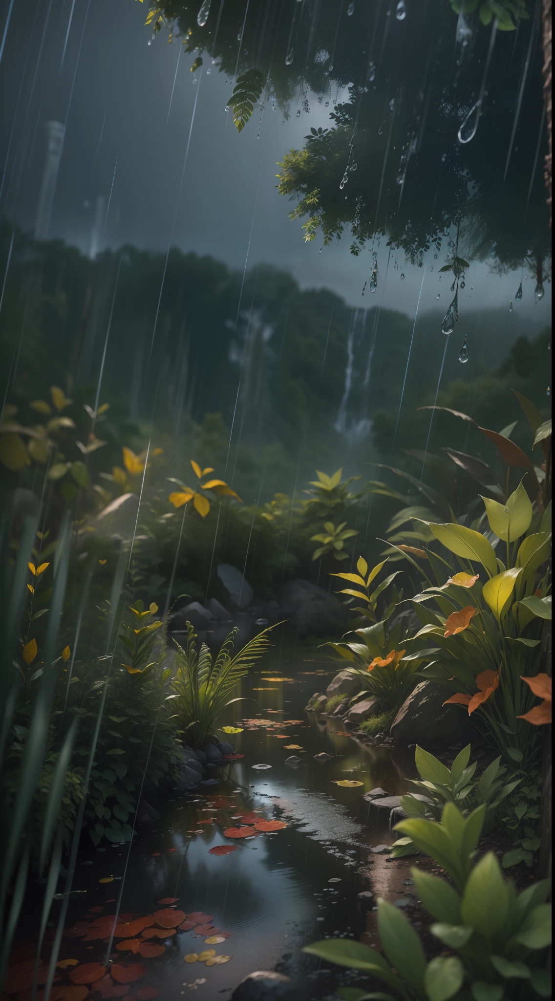 "A stunning and exotic landscape with highly detailed and realistic falling rain captured through a 35mm lens. The photography showcases ultra details, precise texture details, and is enhanced with HDR. The image is in UHD and 64K resolution."