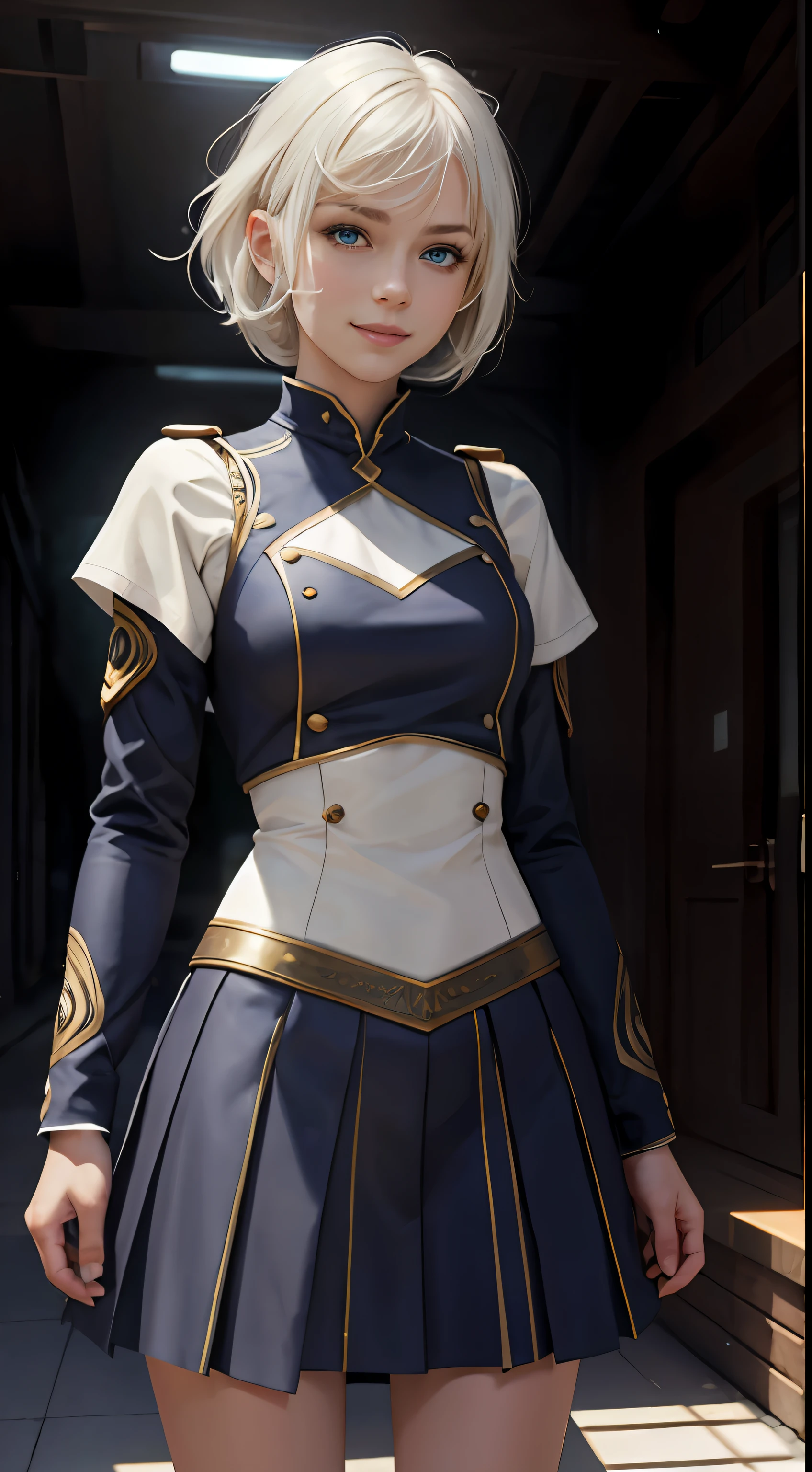 Hair color is white, animesque, 14 year old beautiful girl, Blue eyes, No background, Smiling, Short hair, photorealistic beautiful girl, Light hair, Full body, hyper detailed painting, luminism, with an intricate, ArtGerm, wlop, Octane Render, Intricately detailed, Trending on ArtStation, mix of bold dark lines and loose lines, bold lines, On paper , School uniform and full body, Humanoid, Full body. --auto