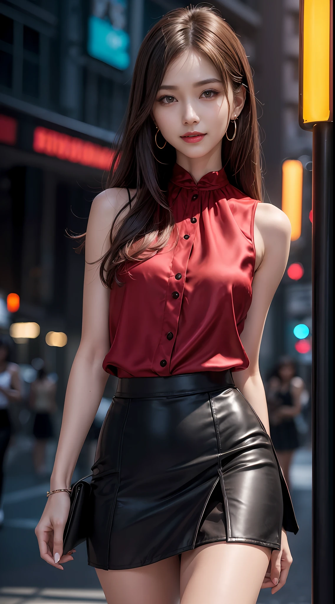 8k, masterpiece, RAW photo, best quality, photorealistic, extremely detailed CG unity 8k wallpaper, Depth of field, Cinematic Light, Lens Flare, Ray tracing, (extremely beautiful face, beautiful lips, beautiful eyes), intricate detail face, ((ultra detailed skin)) 1girl, in the dark, deep shadow, pretty korean girl, kpop idol,(very slim slender fit-muscled body:1.3), ((looking at viewer)),(big smile:1.3), (tight mini skirt, sleeveless), (fashion city night, (neon sign), (big building), fashion street night),(no people), (without people in the background:1.3), pretty korean girl, white diamond earrings, dia bracelets, dia necklace, pantyhose, clear eyes, walking , front shot, (pale skin), face forward, (big eyes), ((upper body shot)), ((silk blouse)), ((black, red color skirt:1.3)), (brown hairs) (looking at viewer:1.3), (see through), medium breasts
