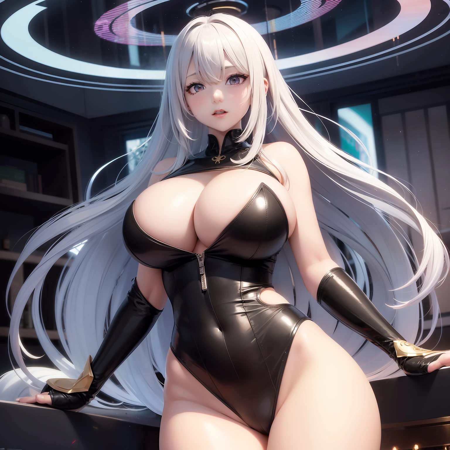 high image, super detail, high resolution, anime, manga, illustration, cute lady, ecstatic expression, amorous expression, seductive look, flowing layered messy short silver hair, red eyes, huge breasts, under boob, great proportion, perfect proportion, slender, full body, black body suit, background Northern Renaissance style, fantasy, galaxy, magic circle, kaleidoscope, give off rainbow and gold neon light many lines radially from floor and ceiling, cyber punk, planet, ice age, thunder, thunderstorm