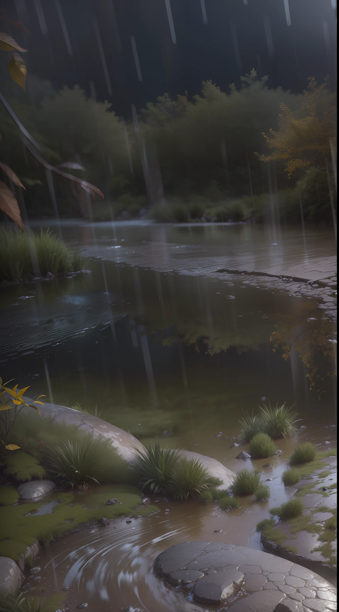 "A stunning and exotic landscape with highly detailed and realistic falling rain captured through a 35mm lens. The photography showcases ultra details, precise texture details, and is enhanced with HDR. The image is in UHD and 64K resolution."