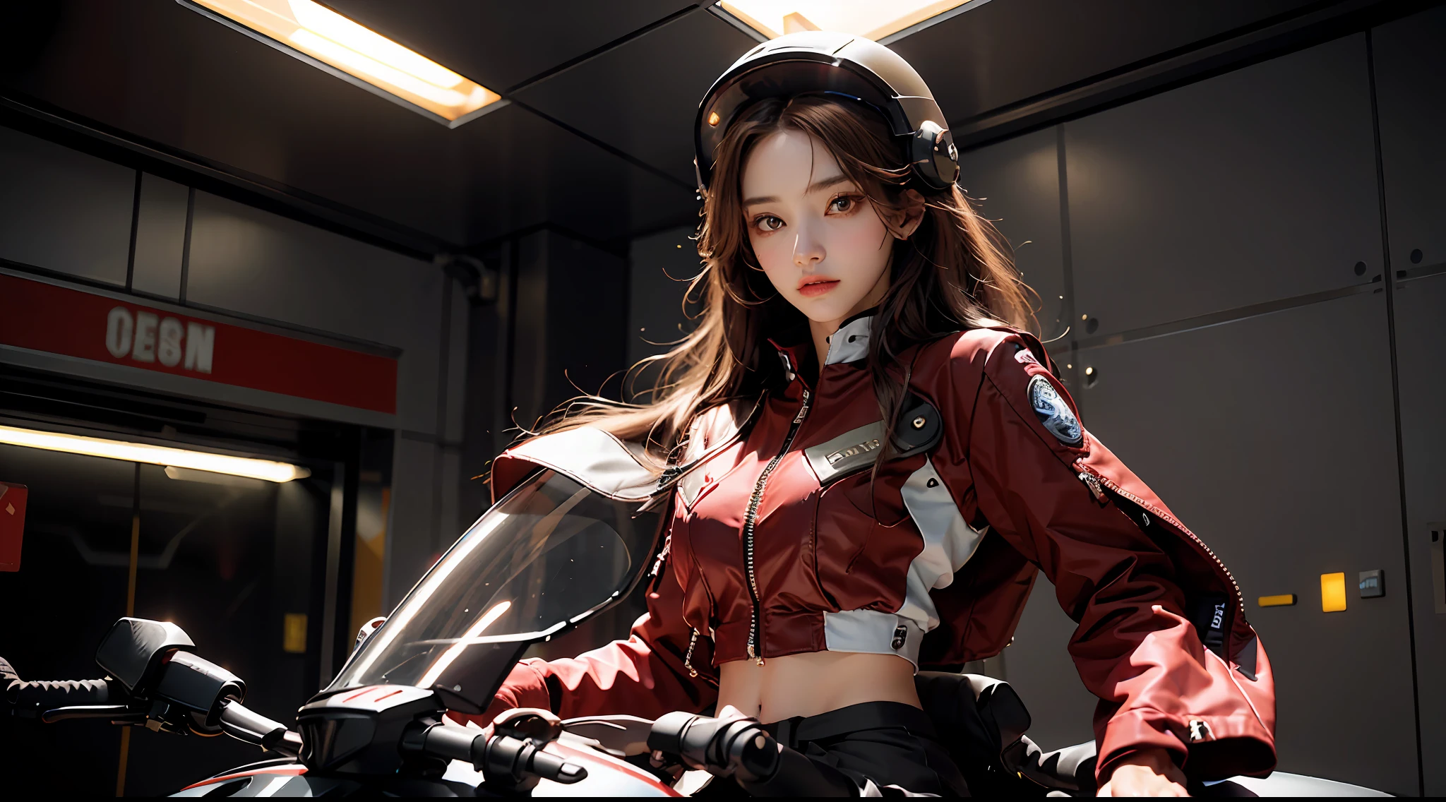 Highest image quality, outstanding details, super high resolution, (fidelity: 1.4), the best illustration, favor details, highly condensed 1girl, with a delicate and beautiful face, dressed in a red-black mech, (torn clothes: 1.5), (skirt), wearing a mecha helmet, holding a directional controller, riding on a motorcycle, the background is a high-tech lighting scene of the future city.