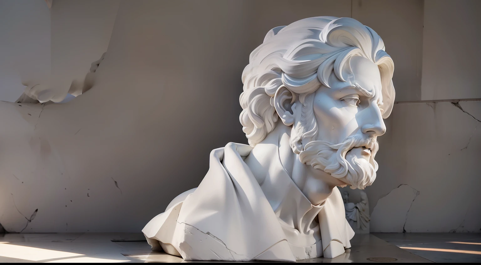 estatua de marmore branco em perfil de filosofo pensador romano em museu, fundo neutro preto, extremamente detalhado, alto contraste de luz e sombra, fotografia profissional,