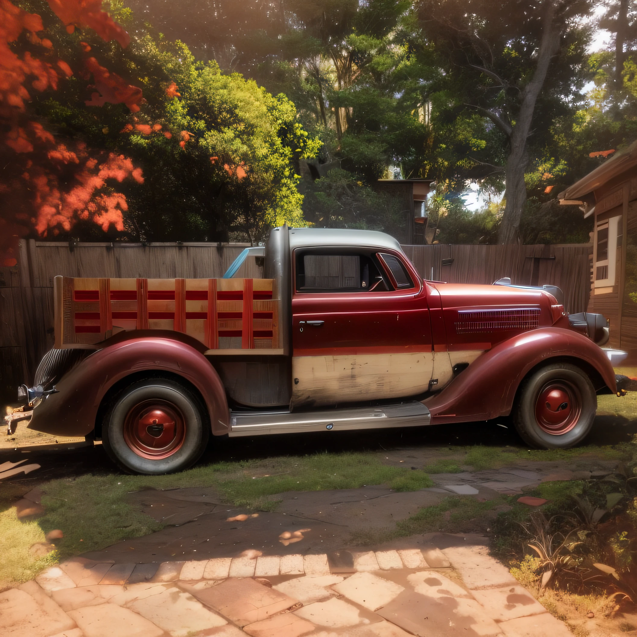 There's a red truck parked in a backyard with a wooden fence, no estilo de Mike Savad", renderizado em corona, photo rendering, Vinheta pesada!, photographic render, 1935, 1 9 3 5, tiro frontal, nostalgic 8k, cor restaurada, vehicle photography, Directed by: Jason Felix, ,1933, best resolution