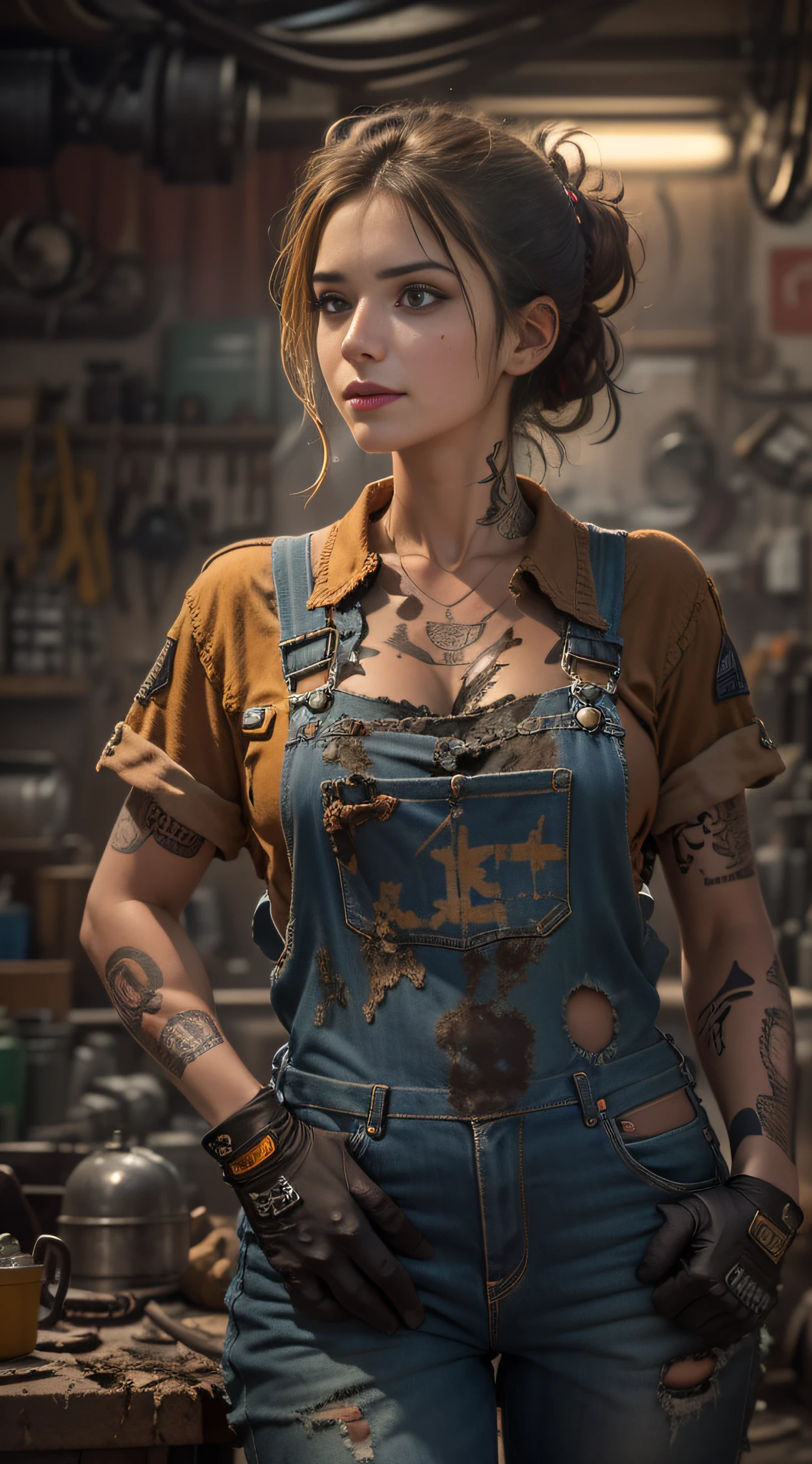 ((best quality)), ((masterpiece)), (detailed), mesmerizing and alluring female mechanic covered in grease,Confident smile，Look into the camera，(Dirty and rugged charm:1.2), (tough and confident demeanor:1.1), (mechanical expertise:1.3), disheveled hair, smudged face with a playful smirk, stained overalls clinging to her curves, (gritty tools of the trade:1.2), cluttered repair shop, scattered car parts, (authentic automotive ambiance:1.2), (intense gaze:1.1), gripping a wrench in her dirty hands, 8k resolution,looking at another, looking away,( tattoo:1.2), masterpiece, best quality,Photorealistic, ultra-high resolution, photographic light