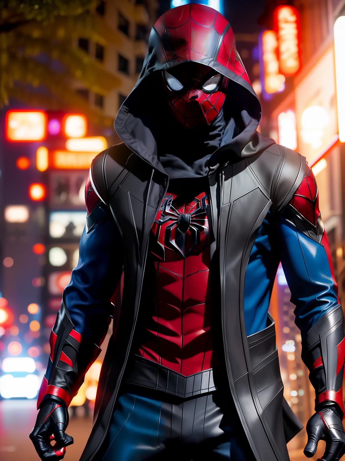 spider - man in a black and red costume walking down the street, futuristic style spiderman, miles morales, full Shaolin warrior Spider-Man, hero pose colorful city lighting, red hood cosplay, style of marvel, profile shot, marvel costumes, marvel style, in style of marvel, peter parker, sleeveless suit