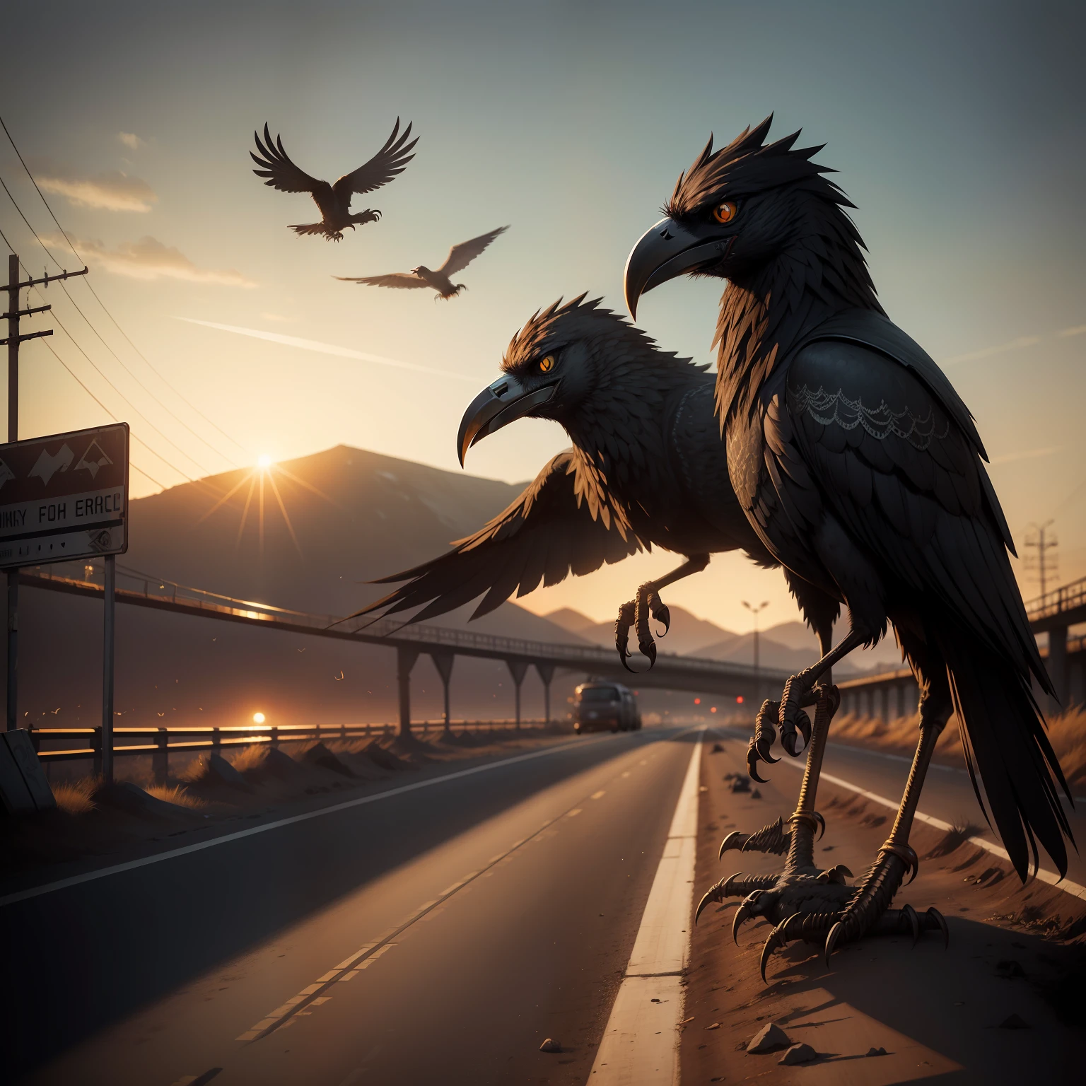 A huge crow with sharp teeth,eventide,Wasteland,Rusty iron mesh,highways,Open-mouthed,Sharp teeth