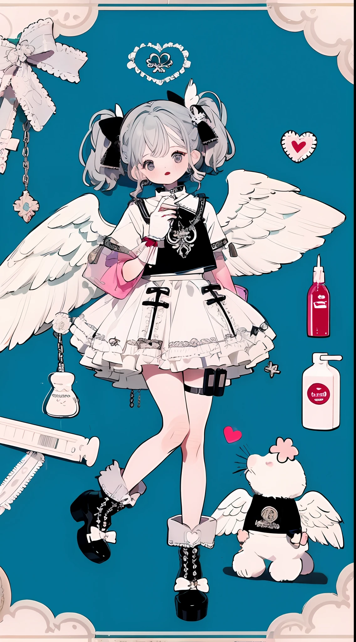 leg loops,leg holsters,mitts,very intricate,Exquisite,Complex hairstyles,Wide T-shirt,pleatedskirt,Bow knot,bandagens,Feathered wings,Wings,Huge syringe,pill,crosses,Y2K,E-girls,Emotional,non-mainstream,Pink gray hair,Love decoration,subculture,angelicales,white skirt,laughingly,Avant-garde and innovative clothing design,White high boots,chain,platform footwear,leg holsters,thongs,Heart-shaped ornaments on chains