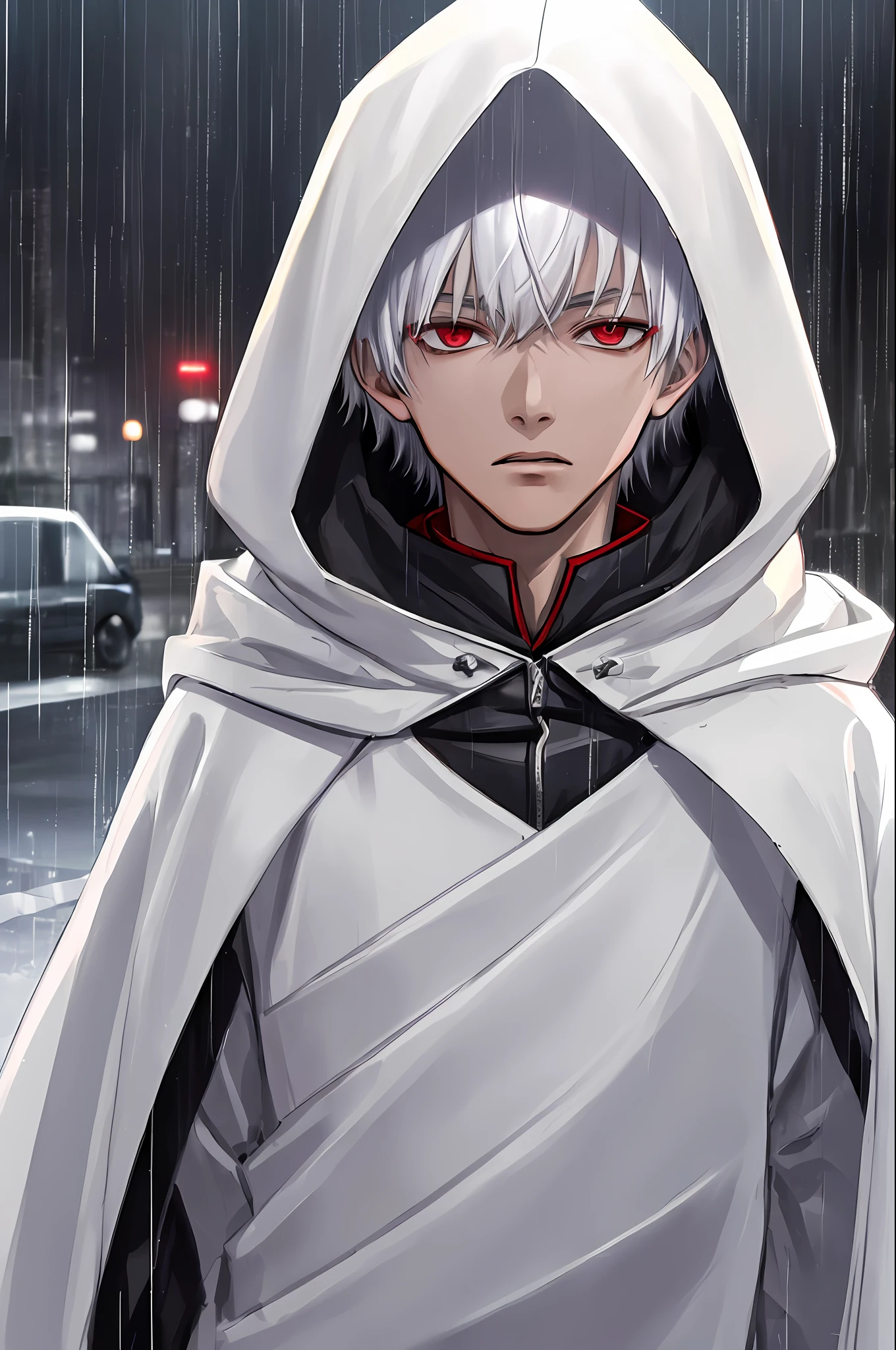 kk, best quality, more details, masterpiece, 1boy, kaneki ken, portrait, male focus, red eyes, solo, bangs, looking at viewer, hood, short hair, rain, tokyo tokyo \(city\),  hood up, nail polish, white hair, luxurious, 8k, detailed, ray tracing, depth of field, cinematic lighting,
