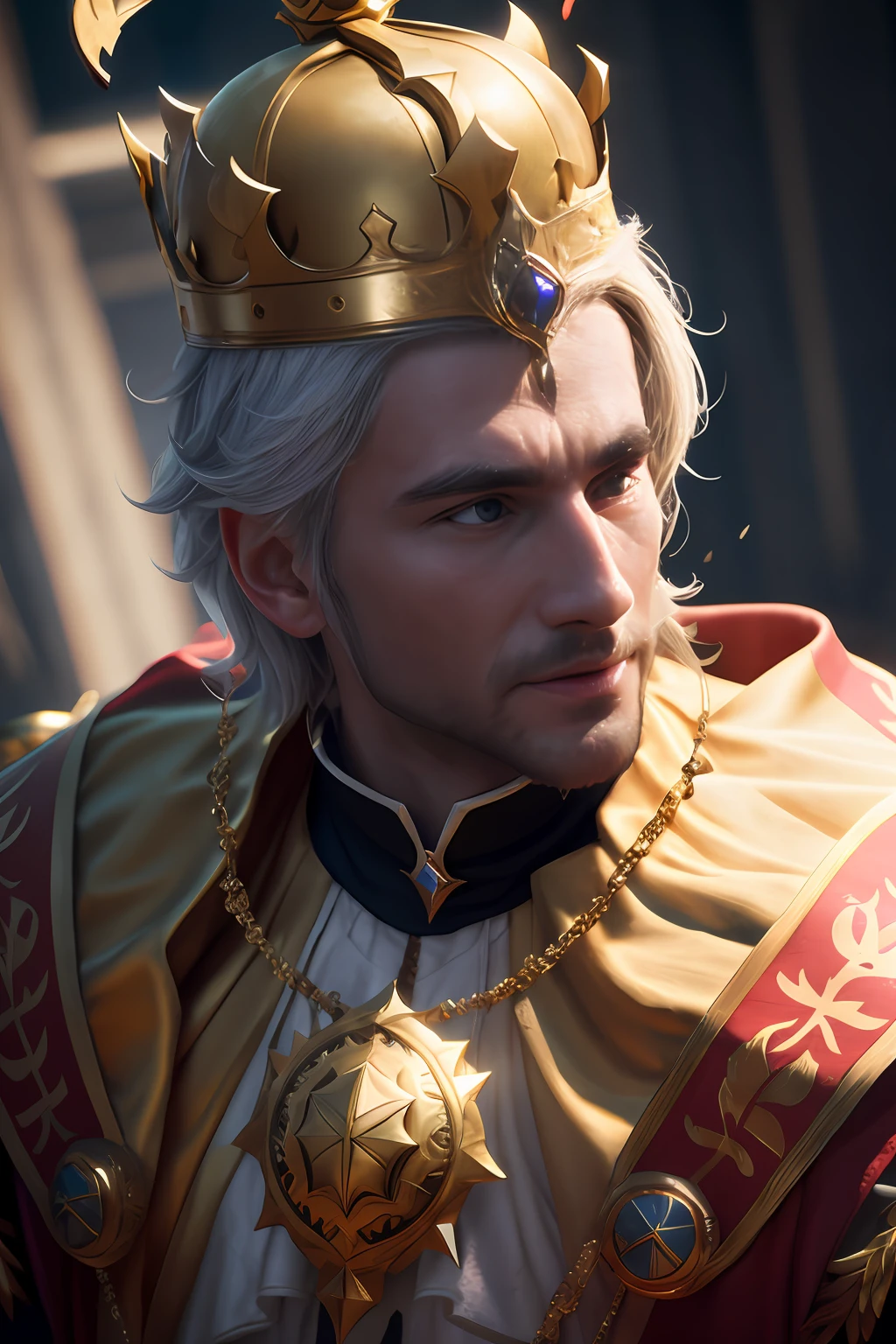 Close-up of a man wearing a crown and a golden crown,年轻,handsome, Rendu portrait 8k, character close up, detailed cinematic rendering, portrait of a king, rossdraws volumetric lighting, rendered in corona, 8 k character details, character portrait closeup, unreal engine character art, cinematic close-up bust shot, picture of a male cleric