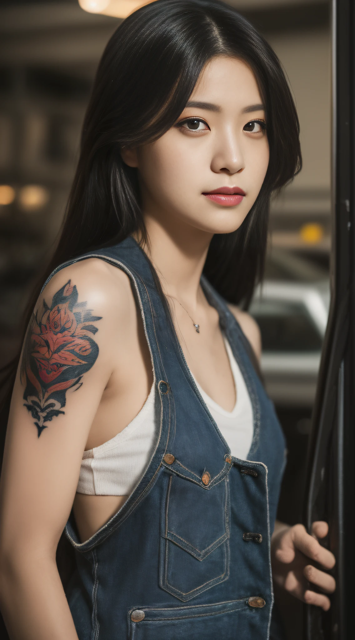 ((best quality)), ((masterpiece)), (detailed), mesmerizing and alluring female mechanic covered in grease,Confident smile,Look into the camera,(Dirty and rugged charm:1.2), (tough and confident demeanor:1.1), (mechanical expertise:1.3), disheveled hair, smudged face with a playful smirk, stained overalls clinging to her curves, (gritty tools of the trade:1.2), cluttered repair shop, scattered car parts, (authentic automotive ambiance:1.2), (intense gaze:1.1), gripping a wrench in her dirty hands, 8k resolution,looking at another, looking away,( tattoo:1.2), masterpiece, best quality,Photorealistic, ultra-high resolution, photographic light