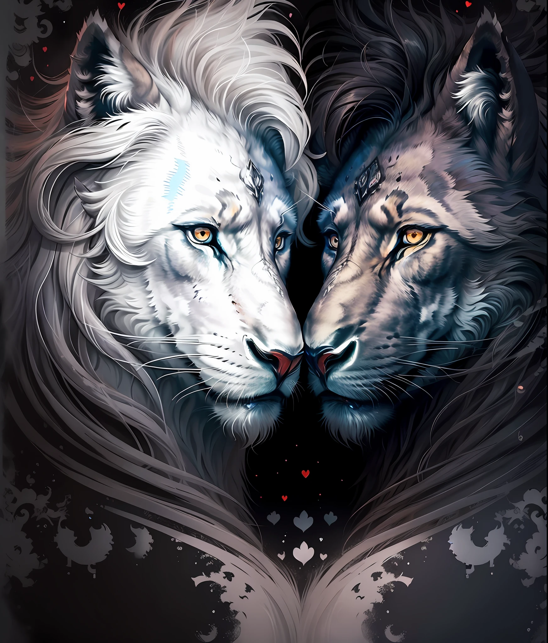 a painting of two heart-shaped Lions with a black background, beautiful gemini good and evil, demi-lion, Lions, noir & blanc, noir et blanc uniquement, symmetric!!, mi-homme mi-loup, Amazing art, Photo de profil, Ying et Yang, Bel art, duality, Loups, couleurs dominantes wihte et bleues