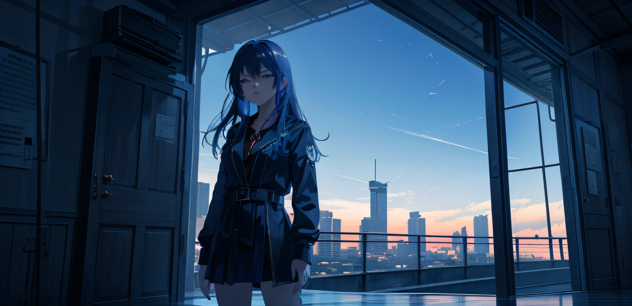 There is a woman standing in a room overlooking a city, estilo anime 4K, Papel de parede anime 4k, badass anime 8 k, estilo anime. 8k, Anime Wallpaper 4k, 4k anime wallpapers, Anime Art Wallpaper 8K, Anime Art Wallpaper 4K, Anime Art Wallpaper 4K, on tokyo cyberpunk night rooftop, 4 k manga wallpaper