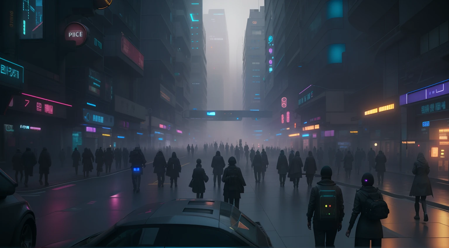 people walking down a street in a city at night, foggy dystopian world, cinematic beeple, bipe. octan render, beep rendering, estilo cyberpunk hiper-realista, dystopian scifi apocalypse, 3 d render bipe, digital concept art of dystopian, arstation e bipe altamente, beeple global illumination