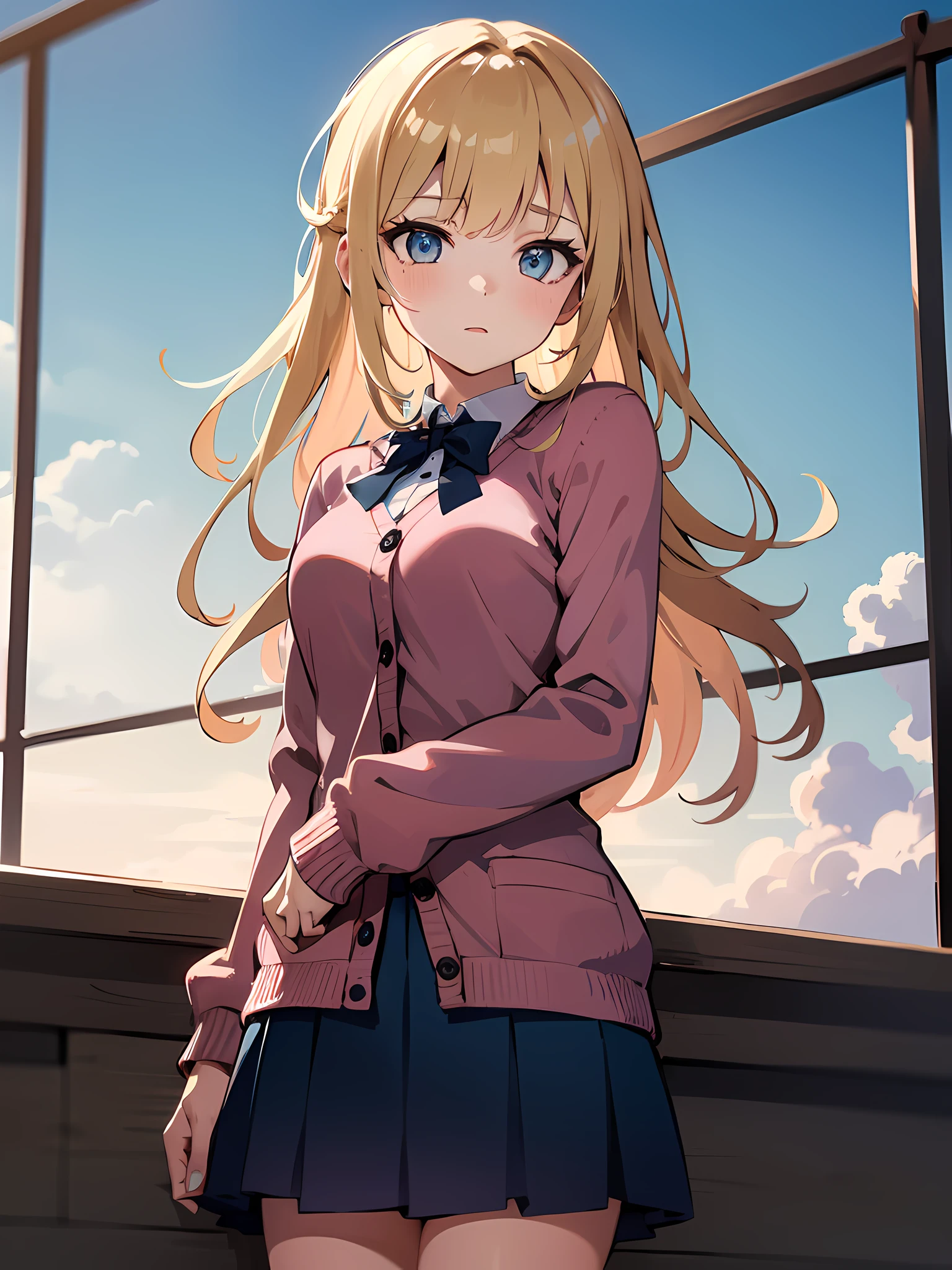 1girl, long blonde hair, chestnut eyes, wearing pink cardigan, blue skirt, countryside, absurdres, high res, ultrasharp, 8K, masterpiece, looking at viewere), best quality, expressive eyes, perfect face