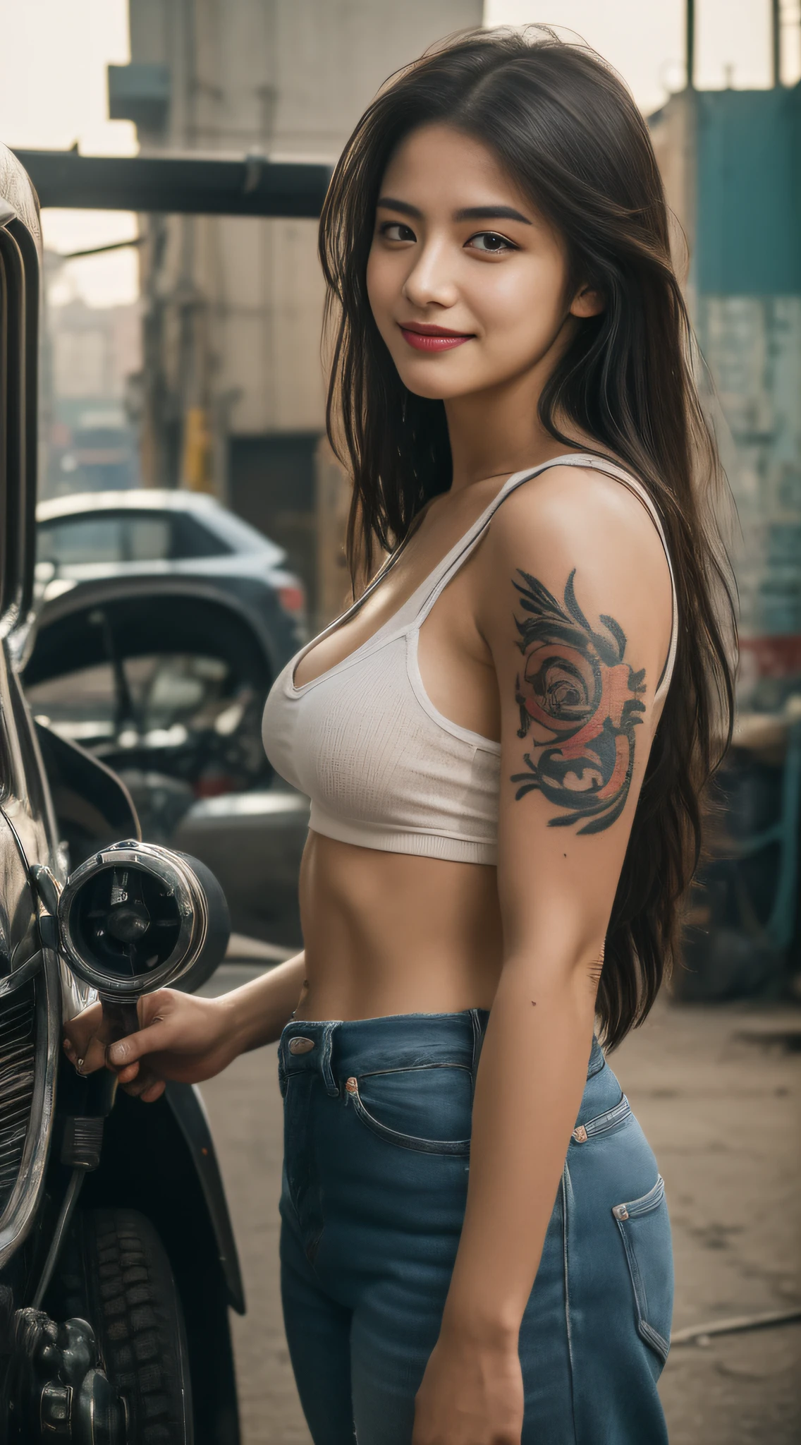 ((best quality)), ((masterpiece)), (detailed), mesmerizing and alluring female mechanic covered in grease,Confident smile,(Dirty and rugged charm:1.2), (tough and confident demeanor:1.1), (mechanical expertise:1.3), disheveled hair, smudged face with a playful smirk, stained overalls clinging to her curves, (gritty tools of the trade:1.2), cluttered repair shop, scattered car parts, (authentic automotive ambiance:1.2), (intense gaze:1.1), gripping a wrench in her dirty hands, 8k resolution,looking at another, looking away,( tattoo:1.2), masterpiece, best quality,Photorealistic, ultra-high resolution, photographic light