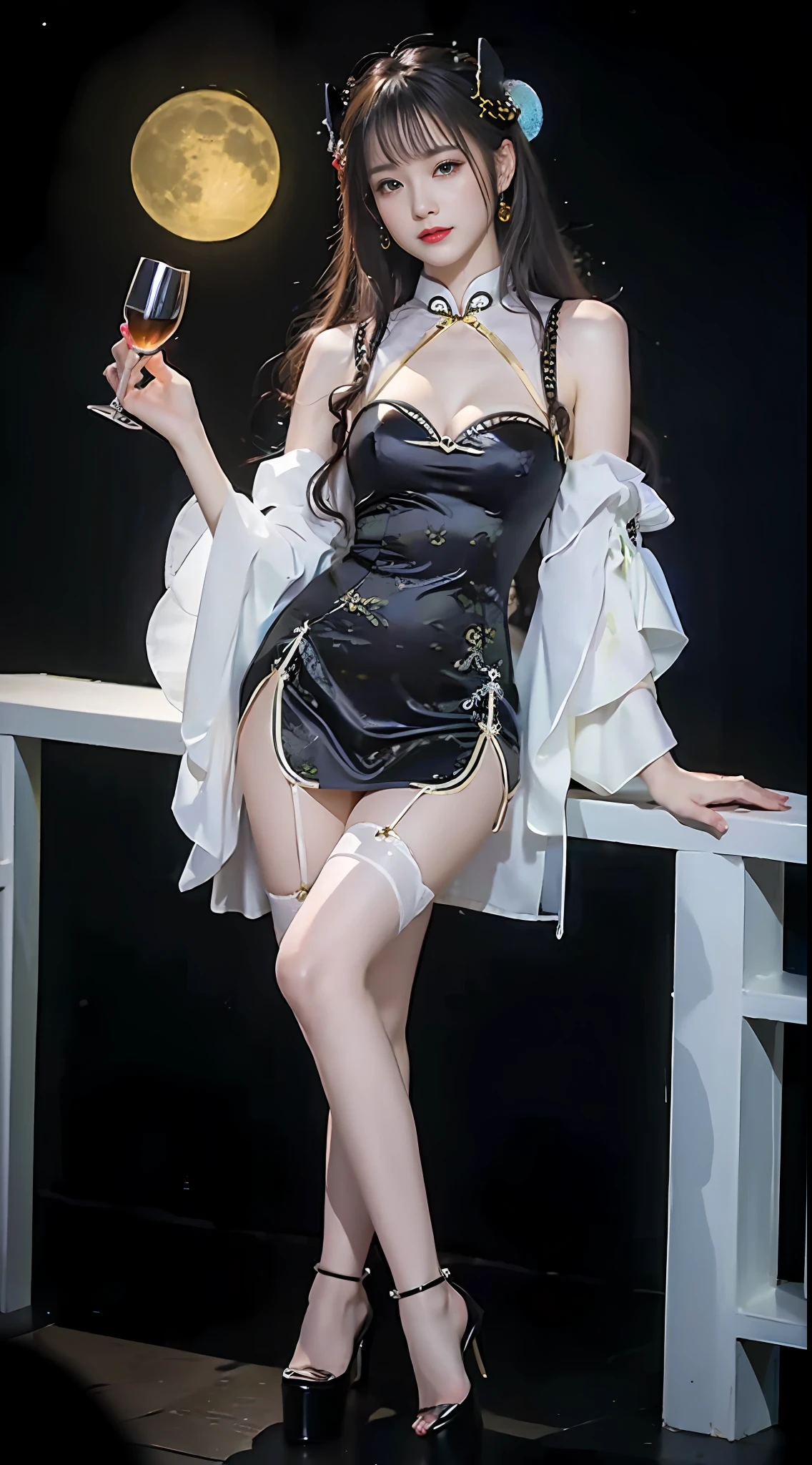 Female warrior with openwork cheongsam,Goblet in hand,Long-legged stockings,High heels,Moon Night, Seductive sexy pose