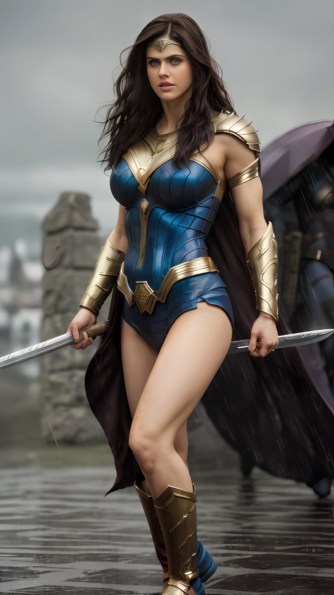 (( alexandra daddario  , she is in a  blue  color wonder woman  metal armor :2.0, freckled skin:1.5, highly detailed skin :1.8 )), ((( posing with a sword,  rainy background: 1.6, ancient war Themyscira background :1.5)) ((  , looking at the viewers  , sexualized woman   , fit muscular body  , tall woman:1.5 ))),  ))) , hyper-realistic super-detailed full-length body of a sexy woman  sexualized pose)))  (in a rain  background , wet rainy colorful  atmosphere  ), many details on clothes, photo session, , [:(detailed face:1.4):0.4], real perfect female anatomy, beautiful abs, beautiful symmetrical face, beautiful natural make-up, anatomically correct hands, perfect facial anatomy, high-quality textures, Ultra Photorealistic, sharp focus, contrasting light, soft lighting , intricate detailing, professional color correction, High Detail, Depth of Field, HDR Realistic, Photorealistic, White Color Correction, Ultra Photorealistic, Super Detailed, Intricate Details, Full Color,  Lighting, High Contrast, Golden Hour Award Winning, Best Photo, fia Professional Photography, 4D Rendering,, behance winner, erte 12k, super sharp focus, 64K, UHD,  perfect face, looking at viewer, (highly detailed skin: 1.5 ), natural lighting, (direct light:0.2), 8mm film grain, photographed on a Sony a9 II, 24mm lens, F/2.8 aperture, deep focus, (RAW 10bit) -