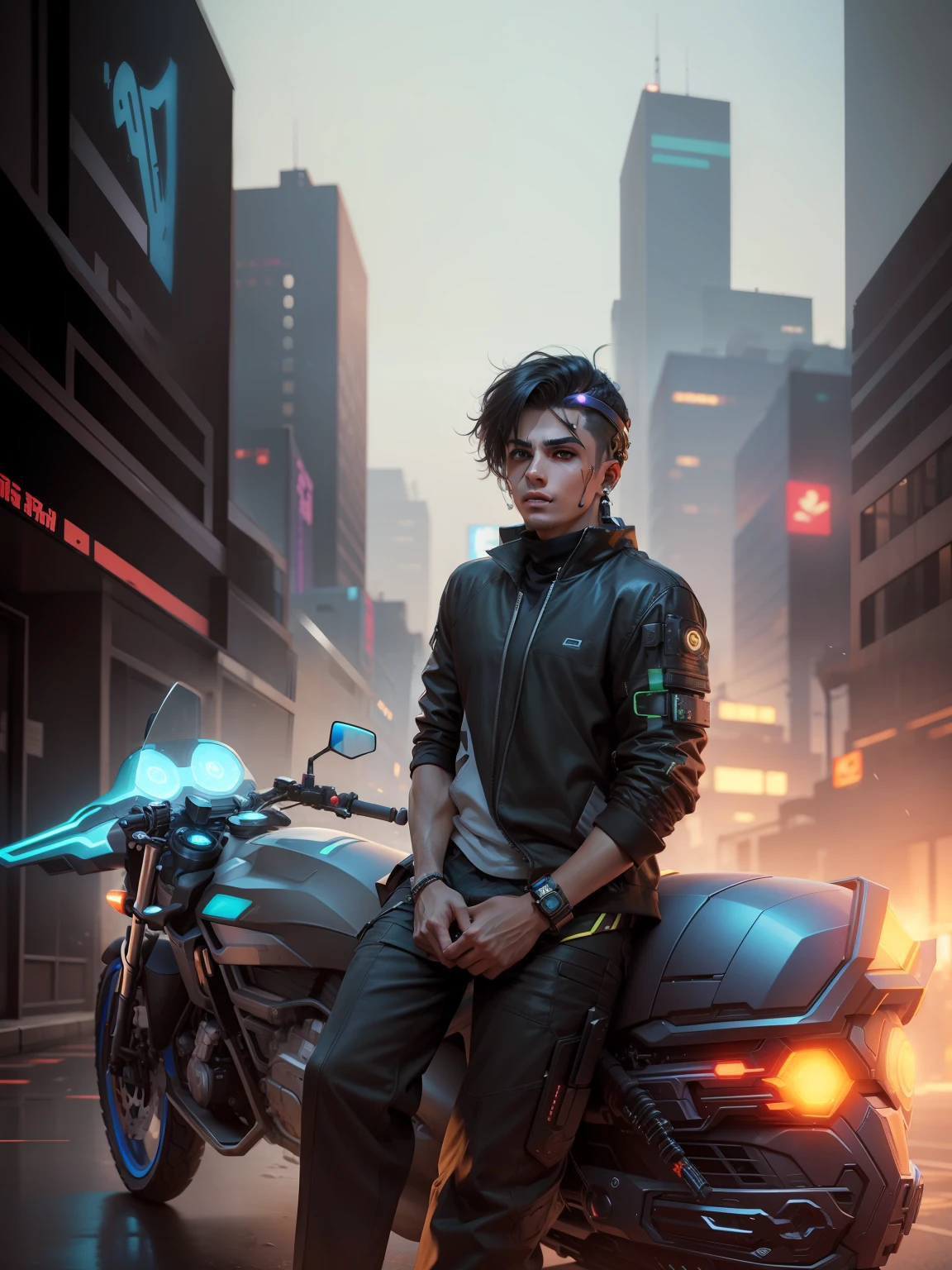 Change background cyberpunk handsome boy, realistic face, 8k, ultra realistic, Turbon on head.