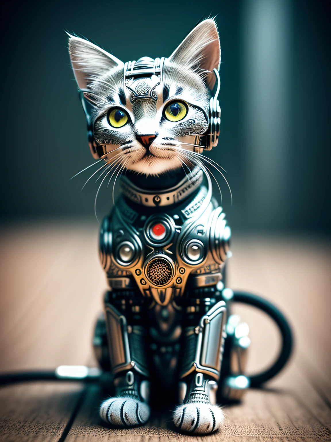 a cute kitten made out of metal, (cyborg:1.1), ([tail | detailed wire]:1.3), (intricate details), hdr, (intricate details, hyperdetailed:1.2), cinematic shot, vignette, centered