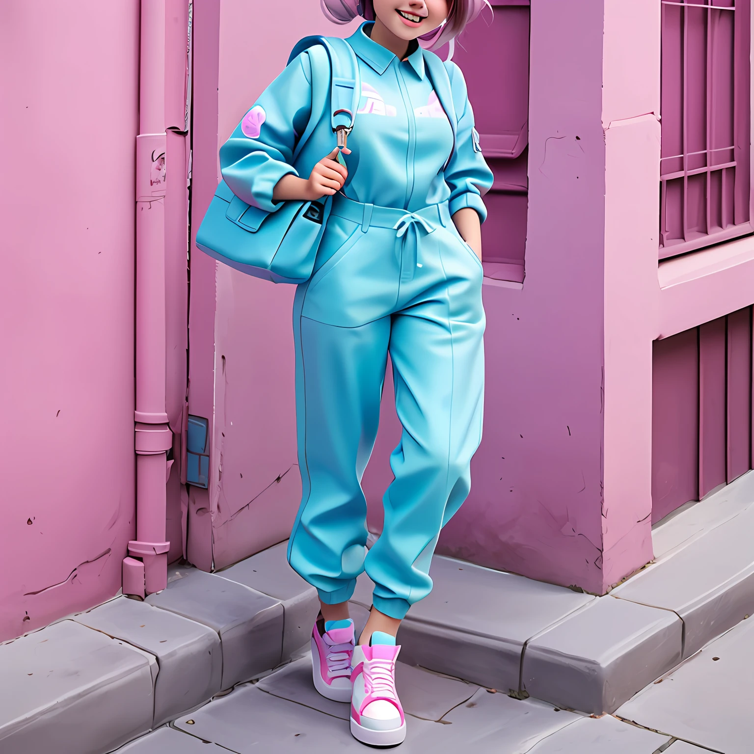 uma menina, Your hair is stuck in a messy bun, rosa mesclado, catsuit, mochila, sneaker, corpo inteiro, The background is filled with a pastel shade of light blue, evoking a sense of lightness and happiness.