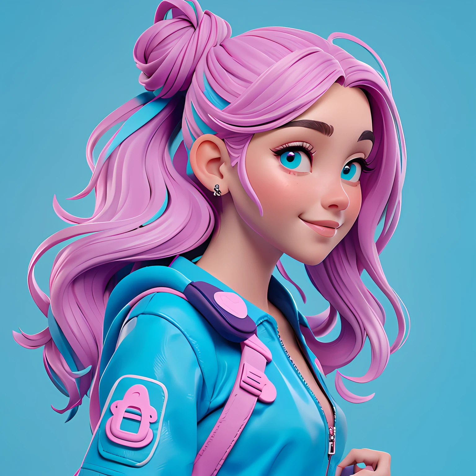 uma menina, Your hair is stuck in a messy bun, rosa mesclado, catsuit, mochila, sneaker, corpo inteiro, The background is filled with a pastel shade of light blue, evoking a sense of lightness and happiness.