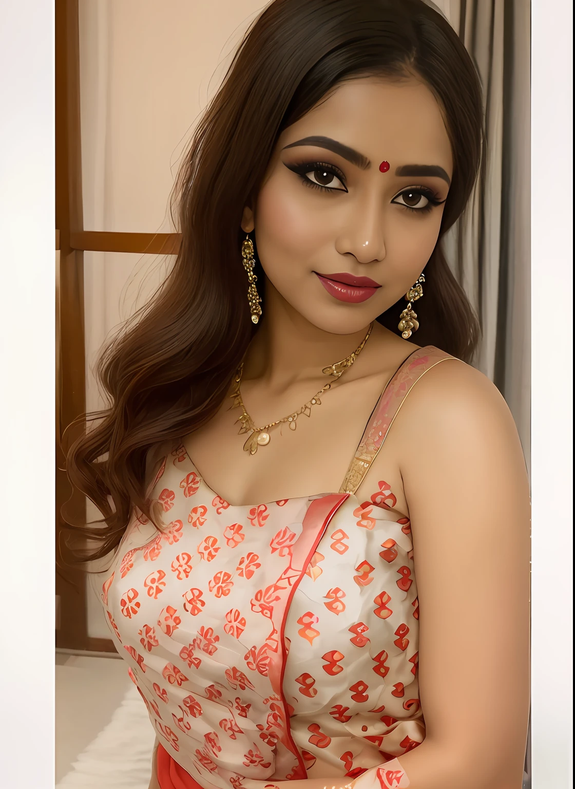 a close up of a woman wearing a red and orange sari, traditional beauty, amese aesthetic, with lovely look, inspired by T. K. Padmini, traditional makeup, indian girl with brown skin, wearing a steampunk sari, with professional makeup, dressed in a sari, wearing bihu dress mekhela sador, indian, indian style, wearing a sari