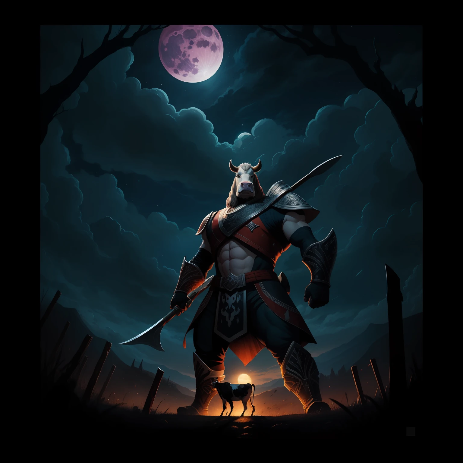 (tmasterpiece) (illustration)The head of a cow,The human body,Armed with a giant axe,Under the moonlight,The background is the battlefield;