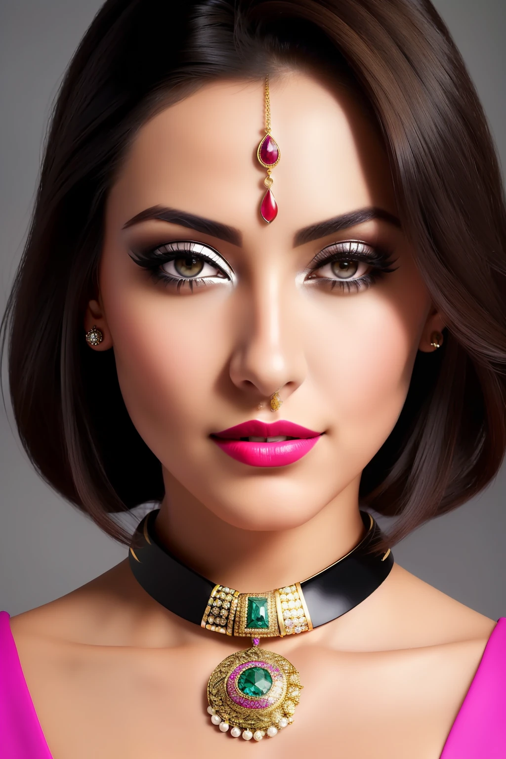 A masterpiece image realistic of beautiful model , lady 30 years , black eyes , dark brown hair of shoulder length, look in front of camera, bold attitude, wear unique jewellery, fully fabric dressed ,full detailed face and body ,