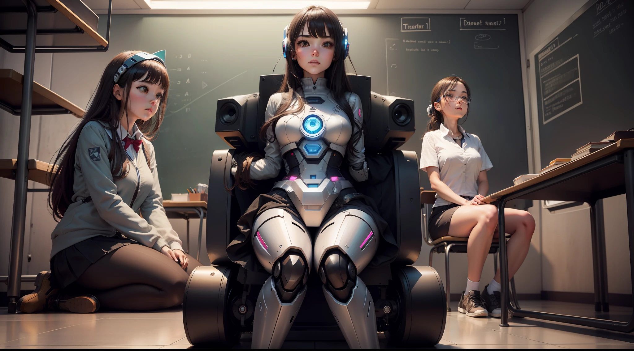 Generate for me a robot, a girl and a teacher, all separate, sitting in a time machine