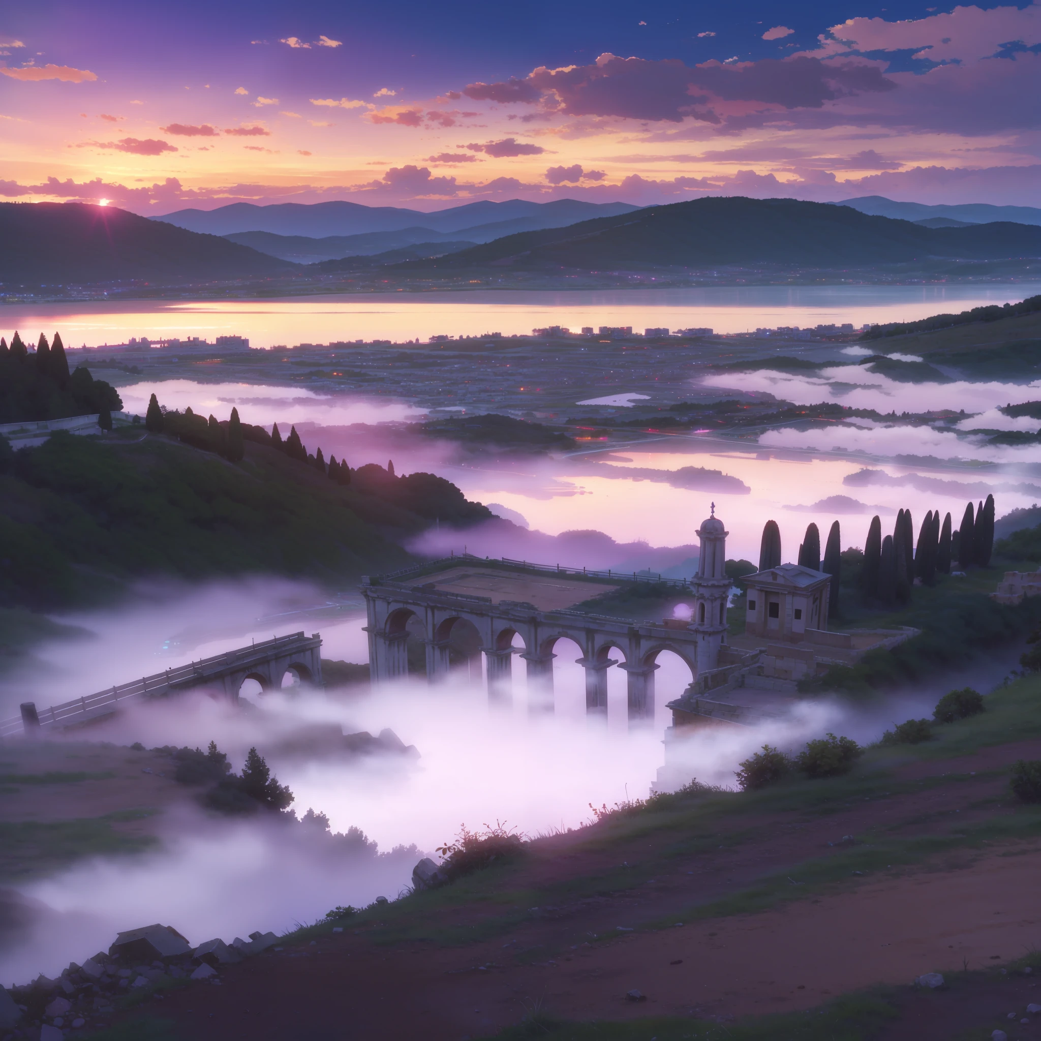 A hill top view of a rome city, ruin, clouds, mountains, fog, evening, purple, columns, lake(Makoto Shinkai style)
