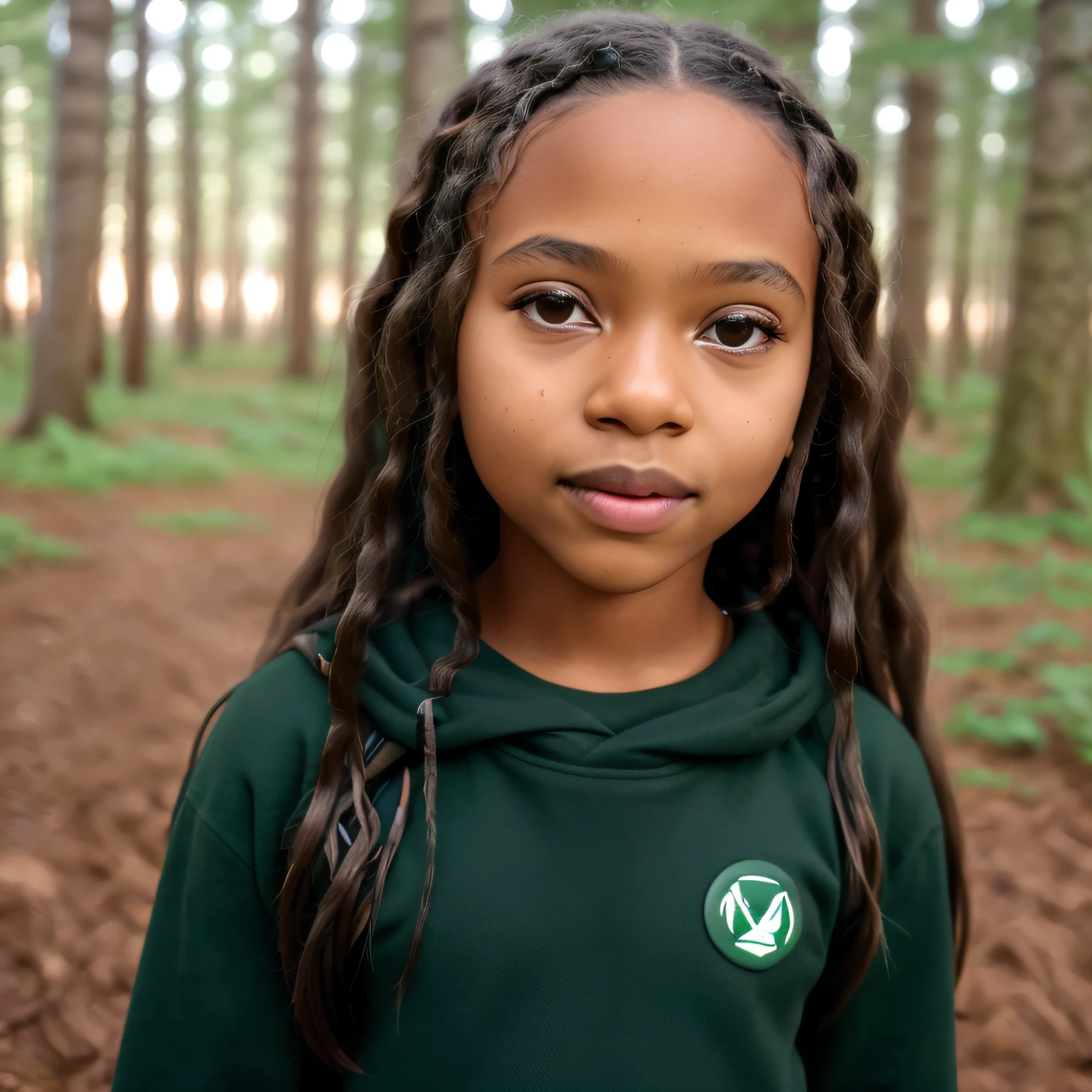a -yeld bl girl with long hair, ((green eyes)), clothes of cold brown, deep look, forest around, Sony FE, f/1.8, Eye-Level Shot, high details, highres, super detail, ccurate, masterpiece, 8k, 16k, UHD, anatomically correct, retina, high quality, best quality