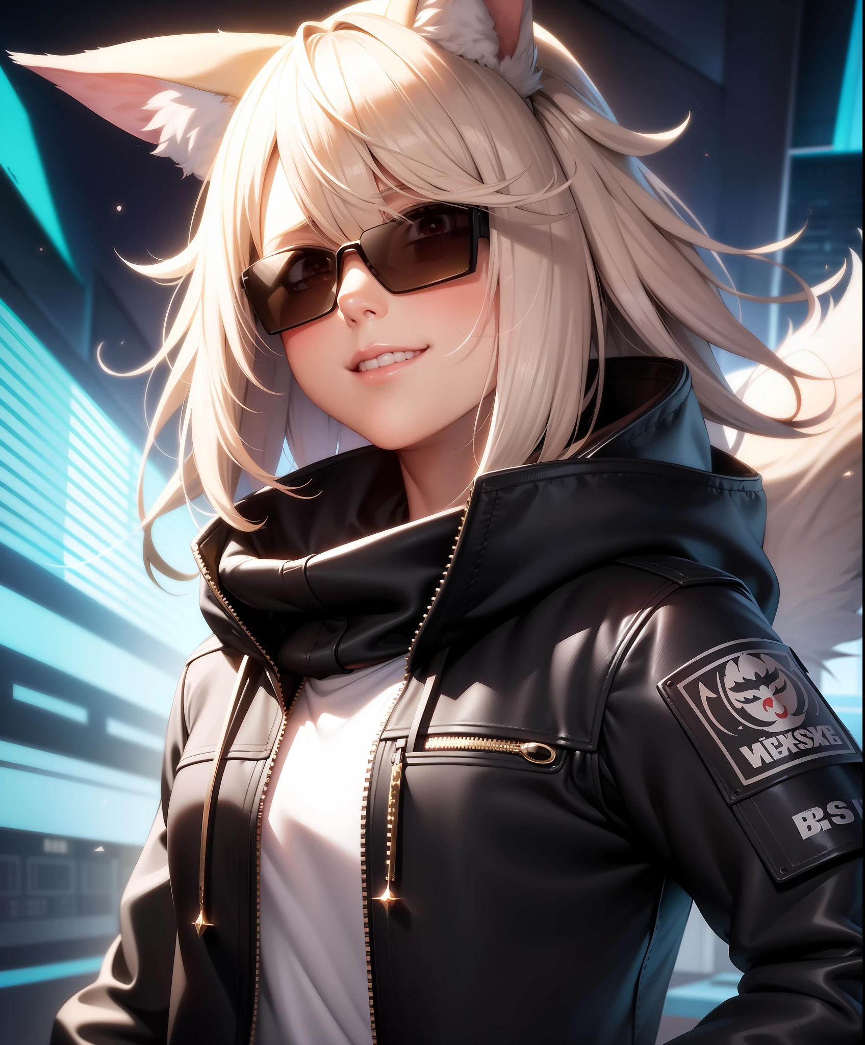 extreme quality, cg, detailed face, (bright colors:1.0), (anime), 1girl, (fox ears, animal ear fluff, (fluffy hair), white hair, medium hair, gold lens sunglasses, (sporty:0.8):1.2), (dark skin:1.2), solo, floating hair, looking at viewer, cute serious, smirk, glowing, animated, jacket, glitch, cinematic lighting, strong contrast, high level of detail, (flat color:0.6), masterpiece, best quality, 8k, white background, broken glass, (explosion), tactical clothing, wearing sunglasses, bj_Fault art, SMM