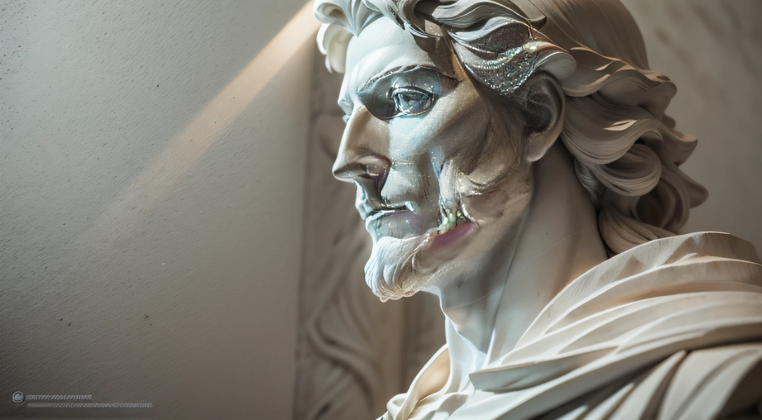 estatua de marmore branco em perfil de filosofo estoico com vestes GREGa em museu, fundo escuro a noite, extremamente detalhado, alto contraste de luz e sombra, professional dramatic photography, ARTIFICIAL LIGHTING FROM ONLY ONE LIGHT SOURCE
