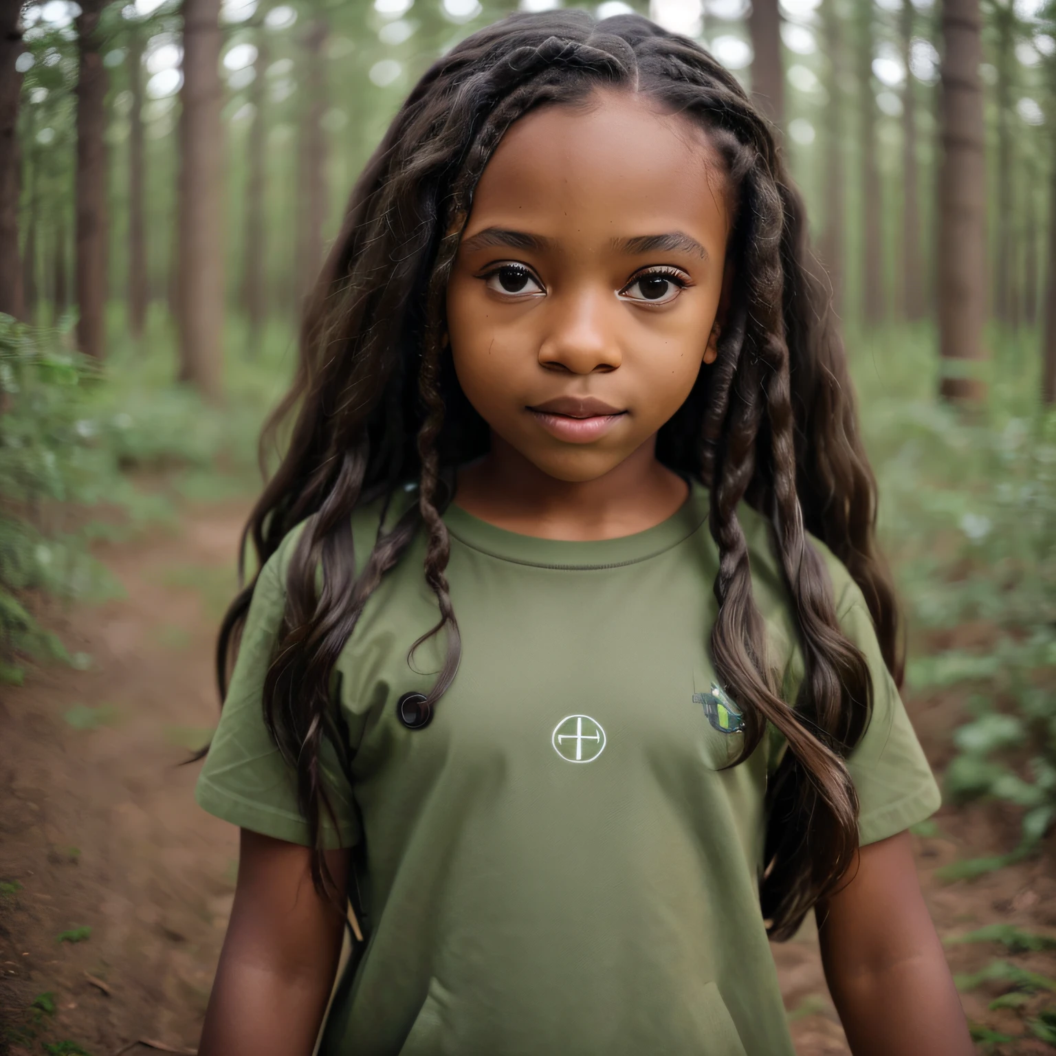 a -yeld bl girl with long hair, ((green eyes)), clothes of cold brown, deep look, forest around, Sony FE, f/1.8, Eye-Level Shot, high details, highres, super detail, ccurate, masterpiece, 8k, 16k, UHD, anatomically correct, retina, high quality, best quality