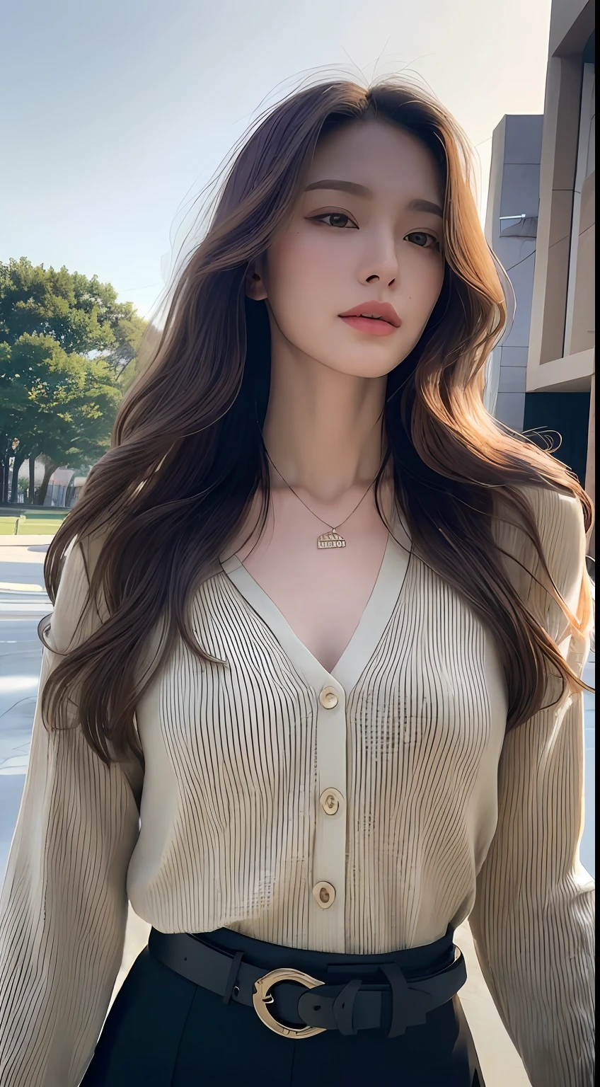 (Best quality, High resolution, Masterpiece :1.3), A tall and pretty woman, Slender abs, Dark brown hair styled in loose waves, Breasts, Wearing pendant, White button up shirt, Belt, Black skirt, (Modern architecture in background), Details exquisitely rendered in the face and skin texture, Detailed eyes, Double eyelid