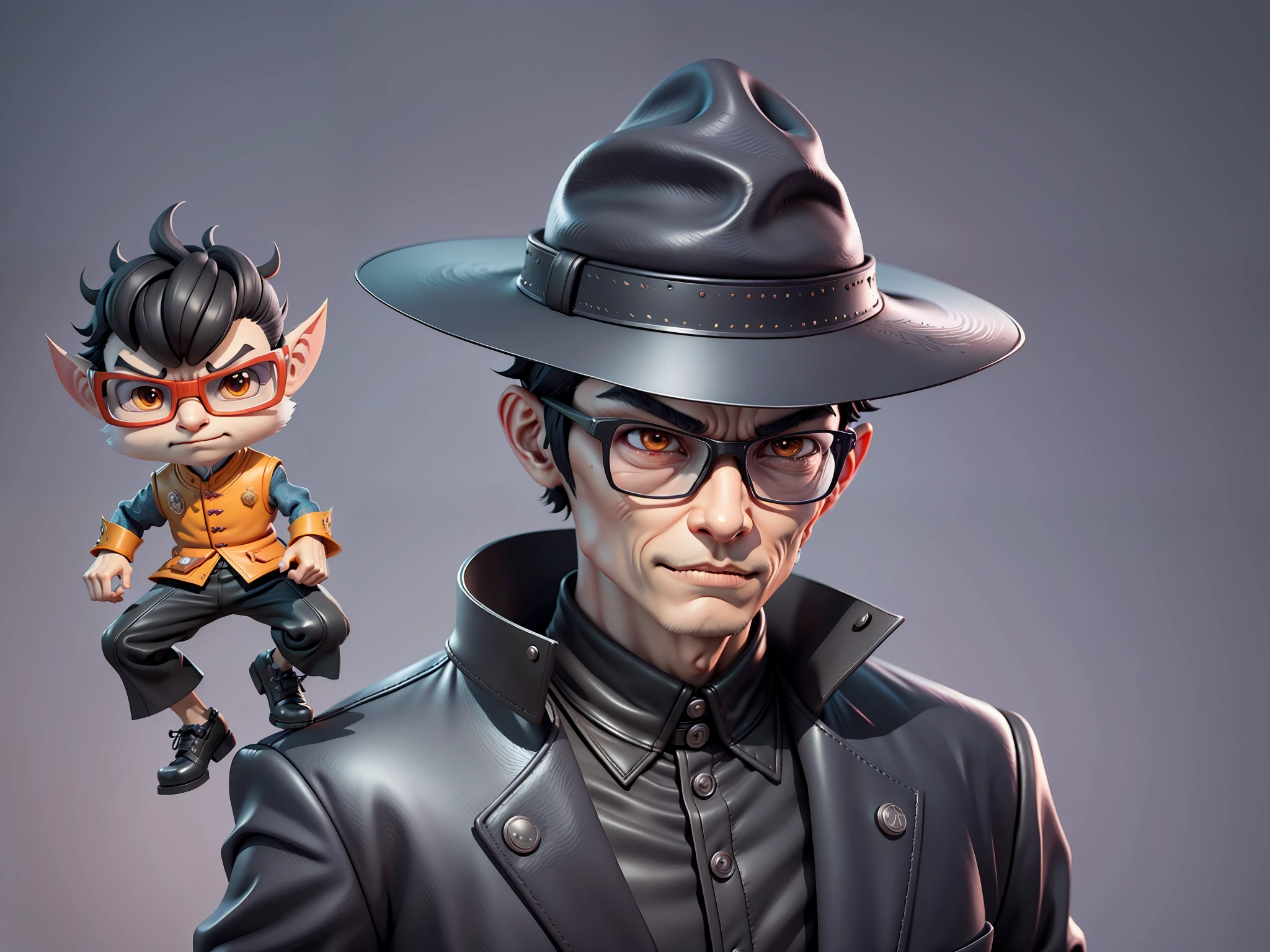 Young man with oriental face in leather hat, dragon, formal suit, short black hair, silver glasses, digital painting, 3D character design by Mark Clairedon and Pixar and Hayao Miyazaki and Akira Toriyama, the illustration is a high-definition illustration in 4K resolution with very detailed facial features and cartoon-style visuals.